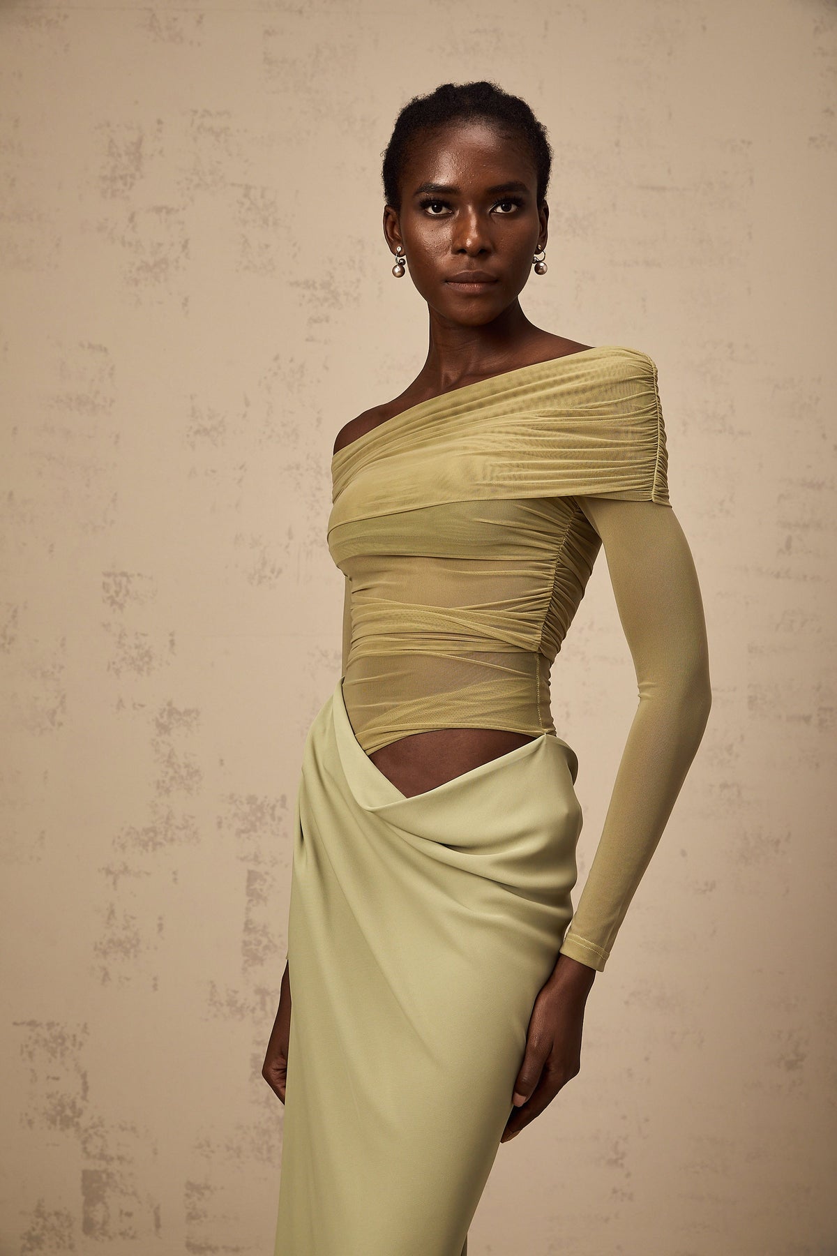 Estelle off-shoulder semi-sheer midi dress in Green