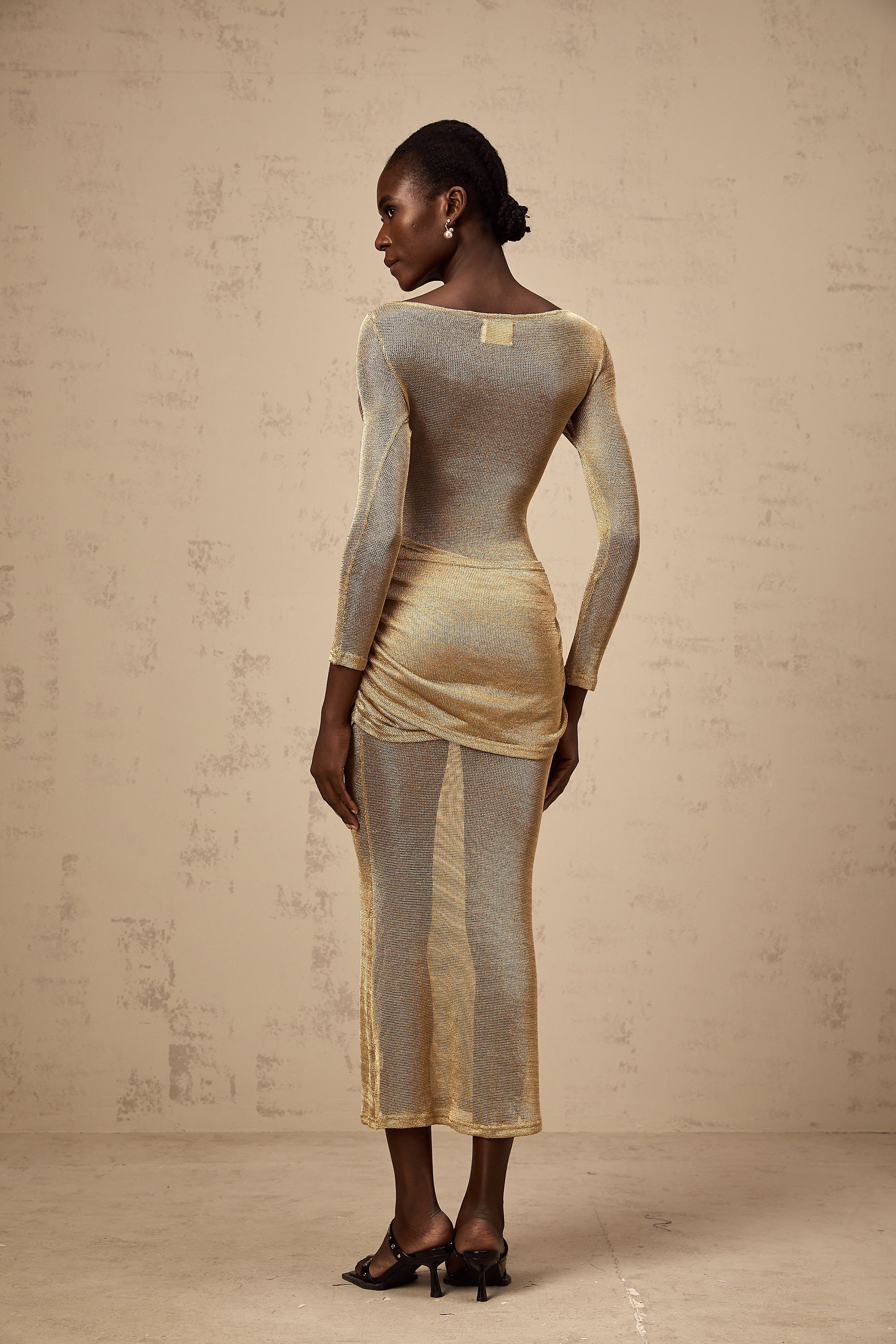 Aline gold smocked metallic midi dress (US Only)