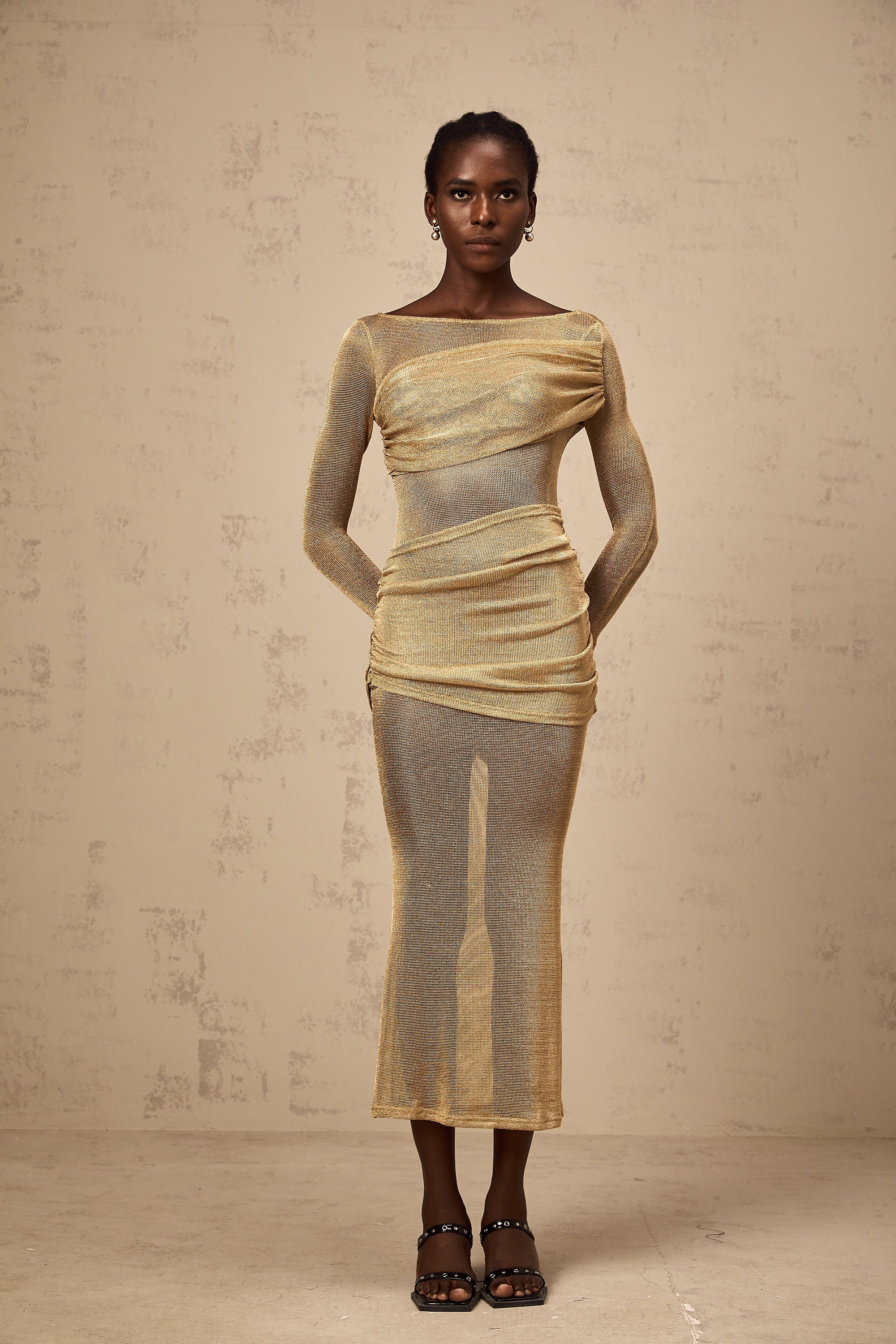 Aline gold smocked metallic midi dress (US Only)