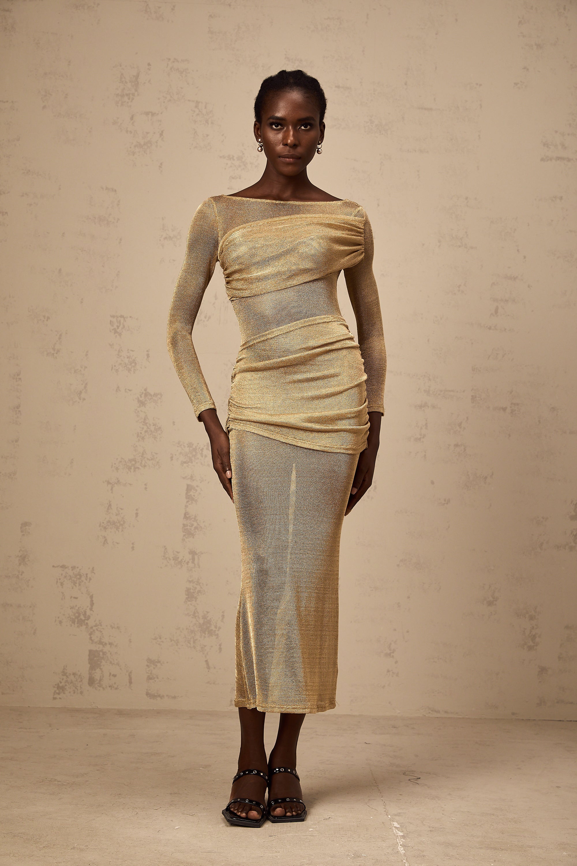 Aline gold smocked metallic midi dress (US Only)