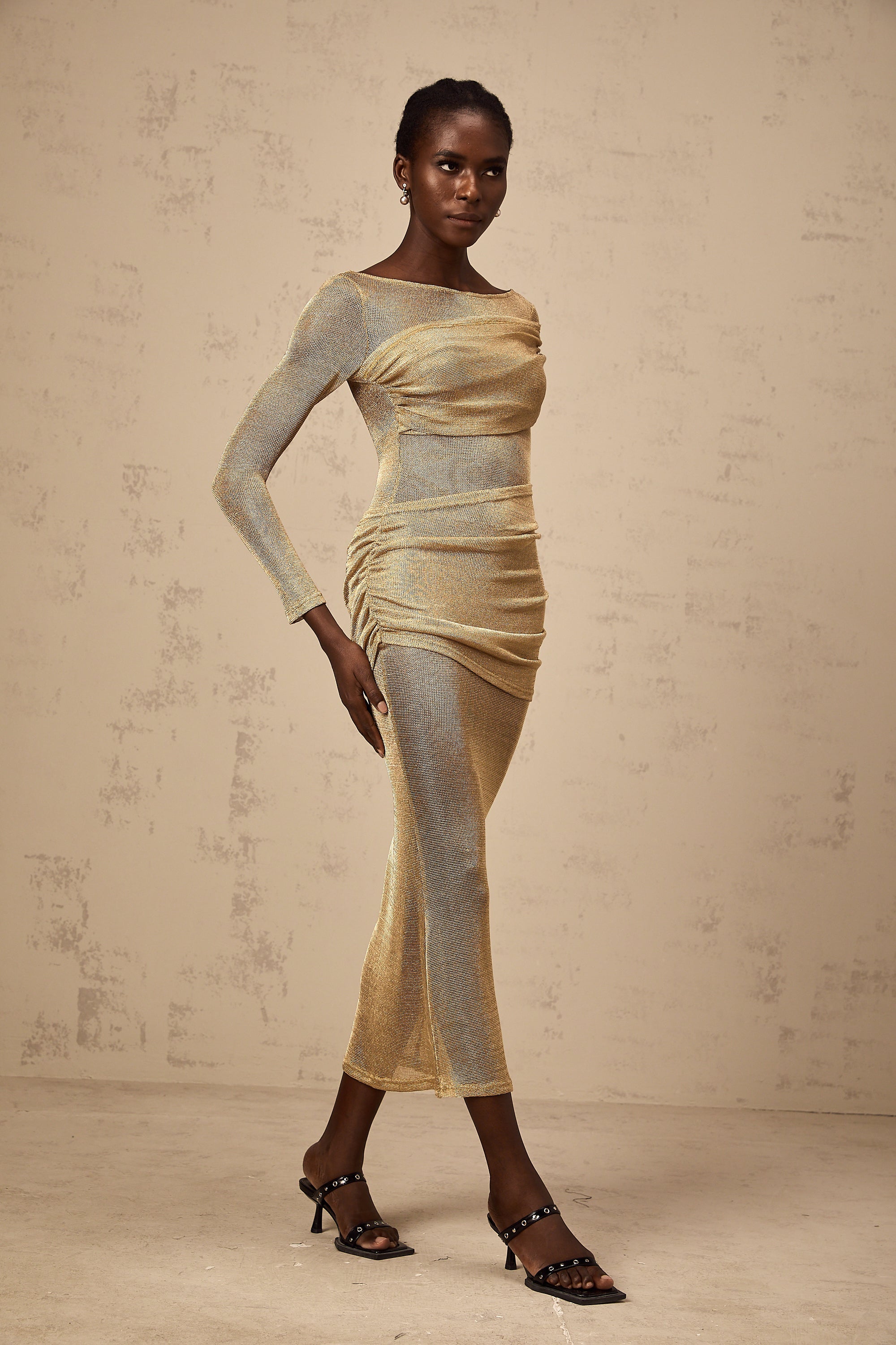 Aline gold smocked metallic midi dress (US Only)