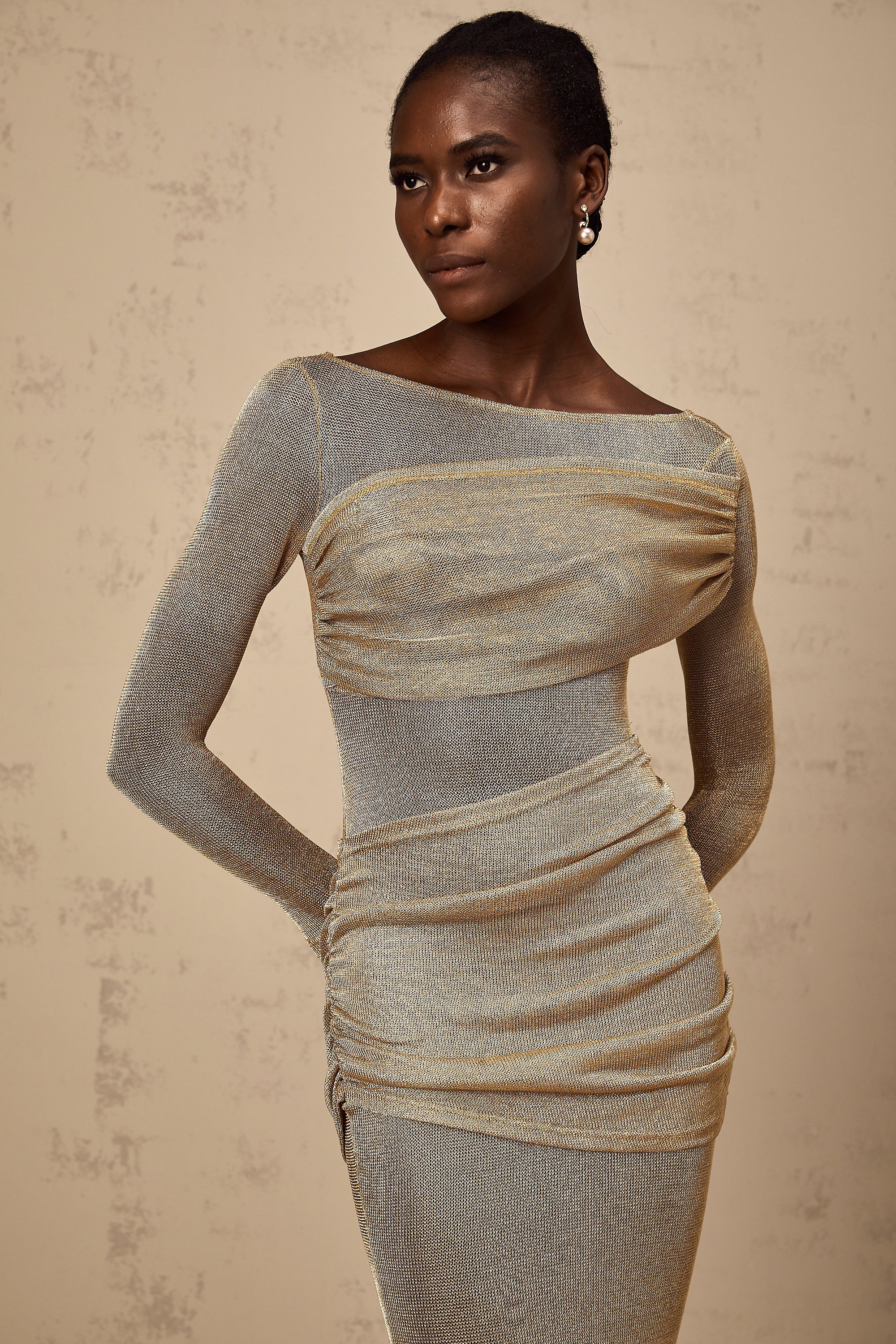 Aline gold smocked metallic midi dress (US Only)