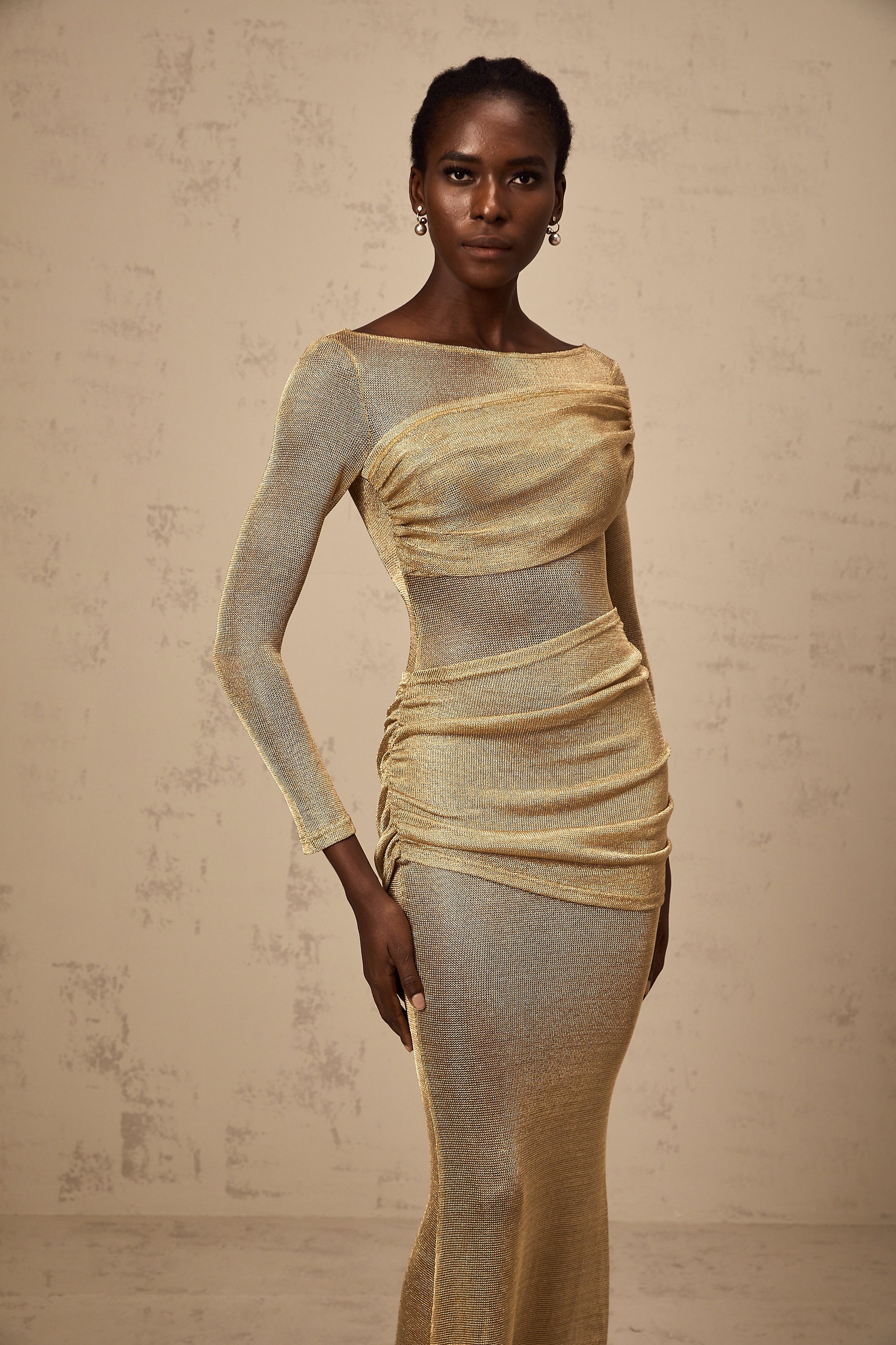 Aline gold smocked metallic midi dress (US Only)
