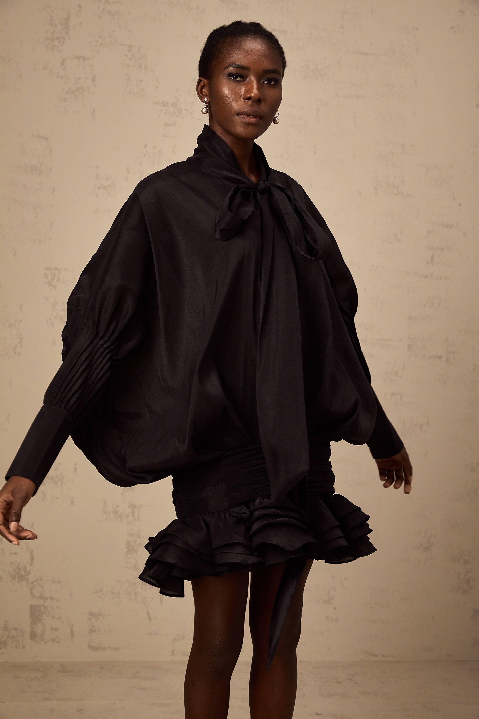 Melanie black pussy-bow ruffled mini dress