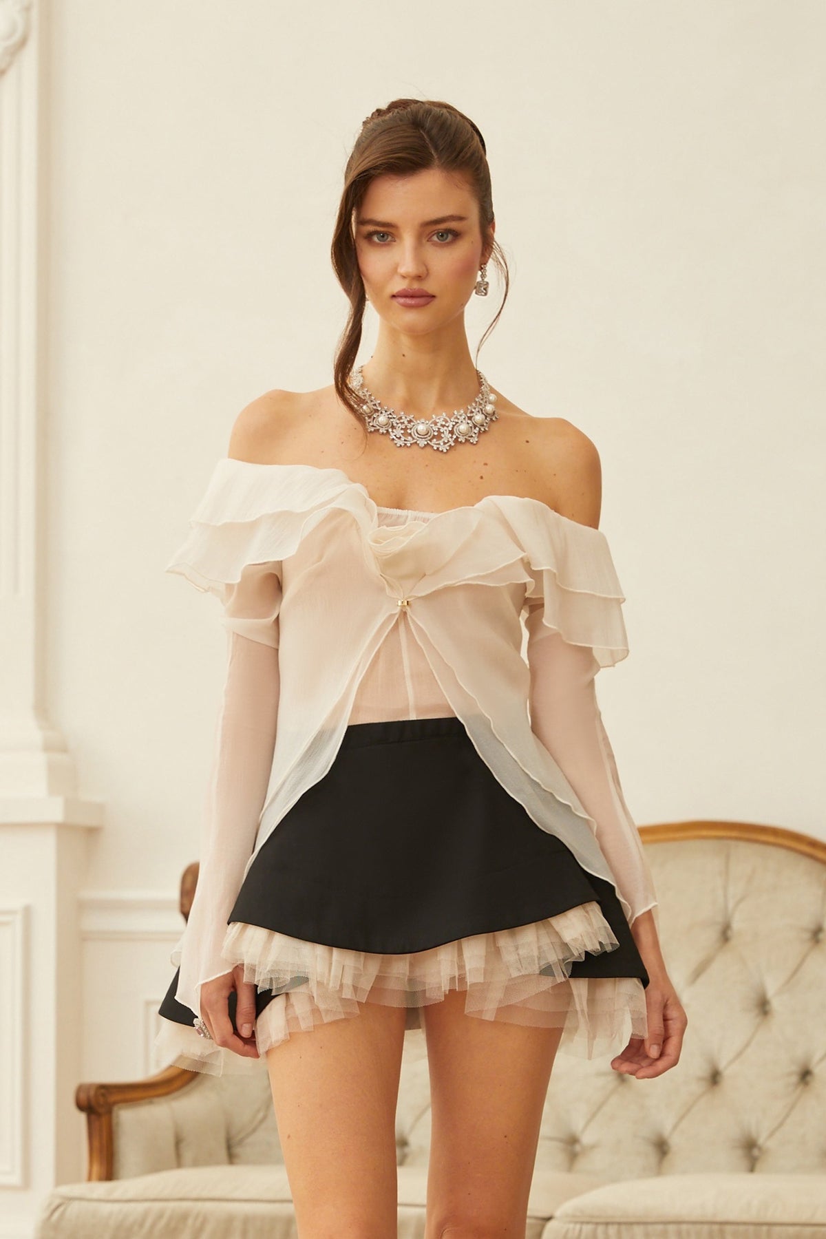 Ariane Color Block Layered Ruffled Blouse & Skirt Set