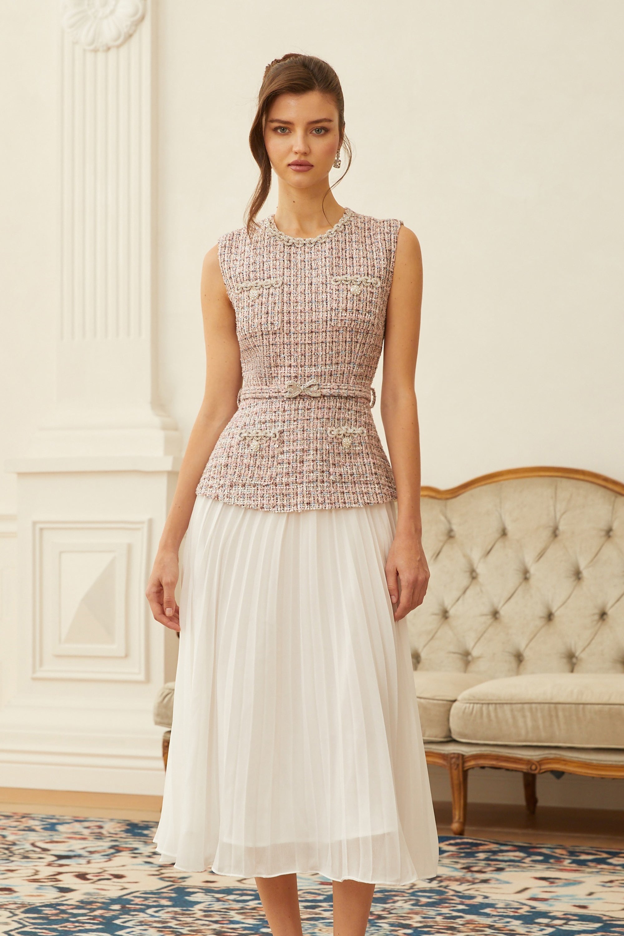 Lola Pink Embellished Tweed Panel Midi Dress