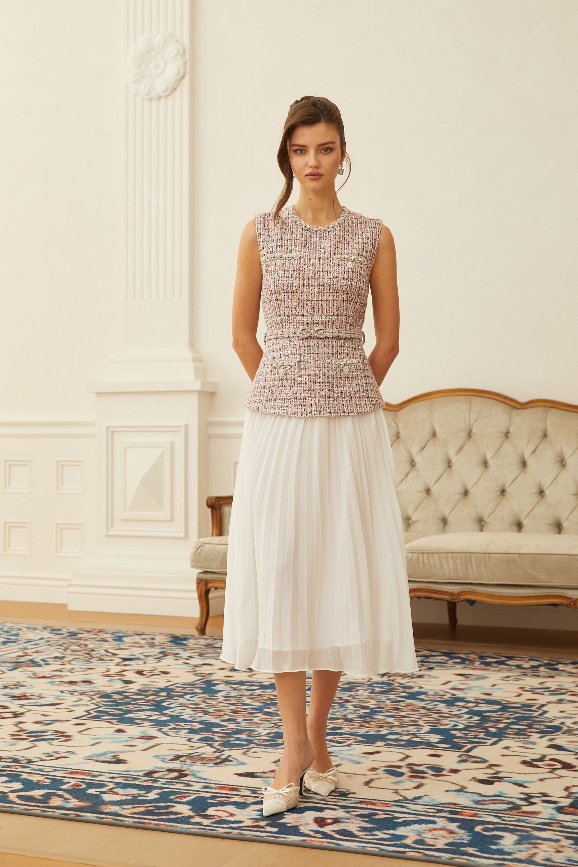 Lola Pink Embellished Tweed Panel Midi Dress