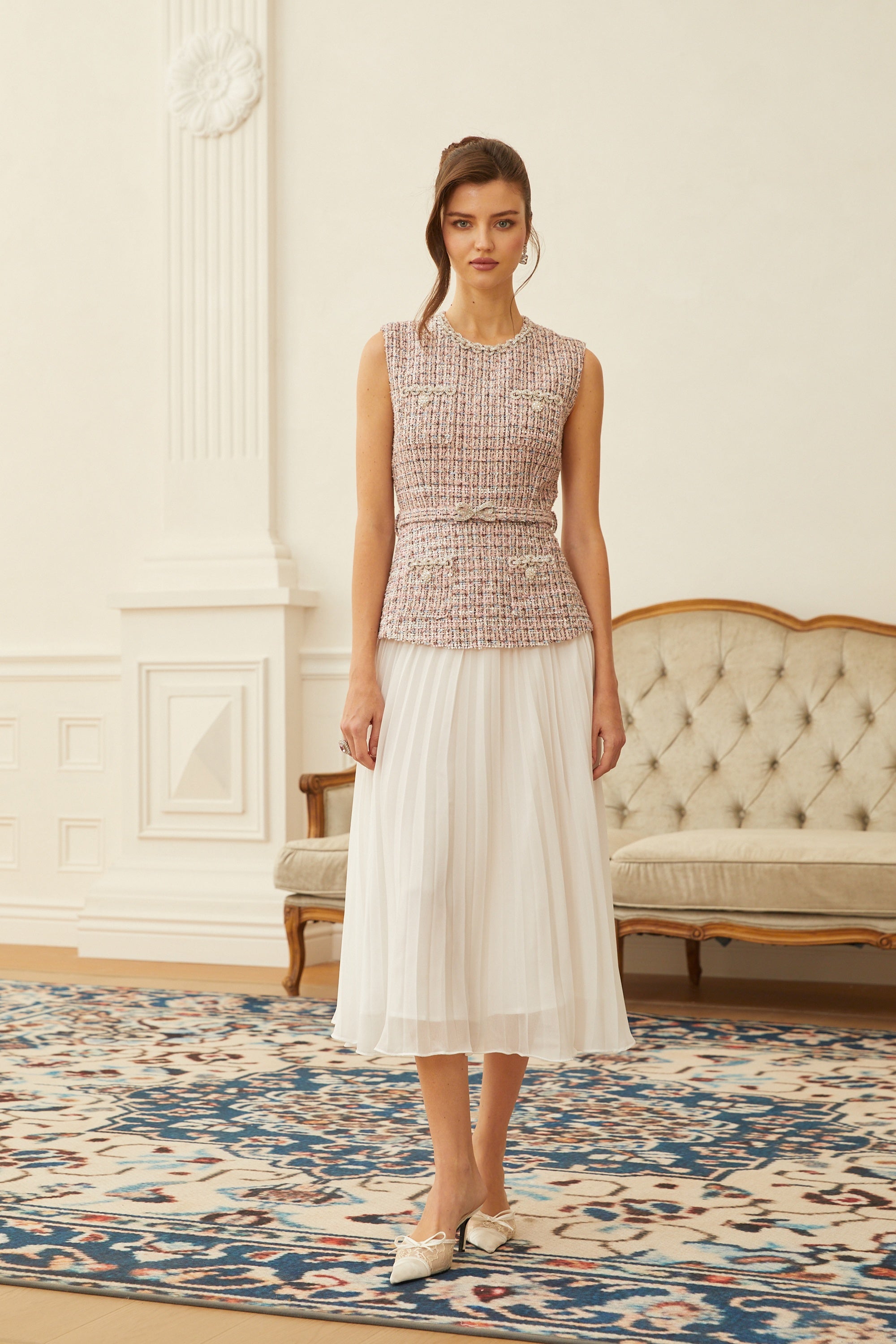 Lola Pink Embellished Tweed Panel Midi Dress