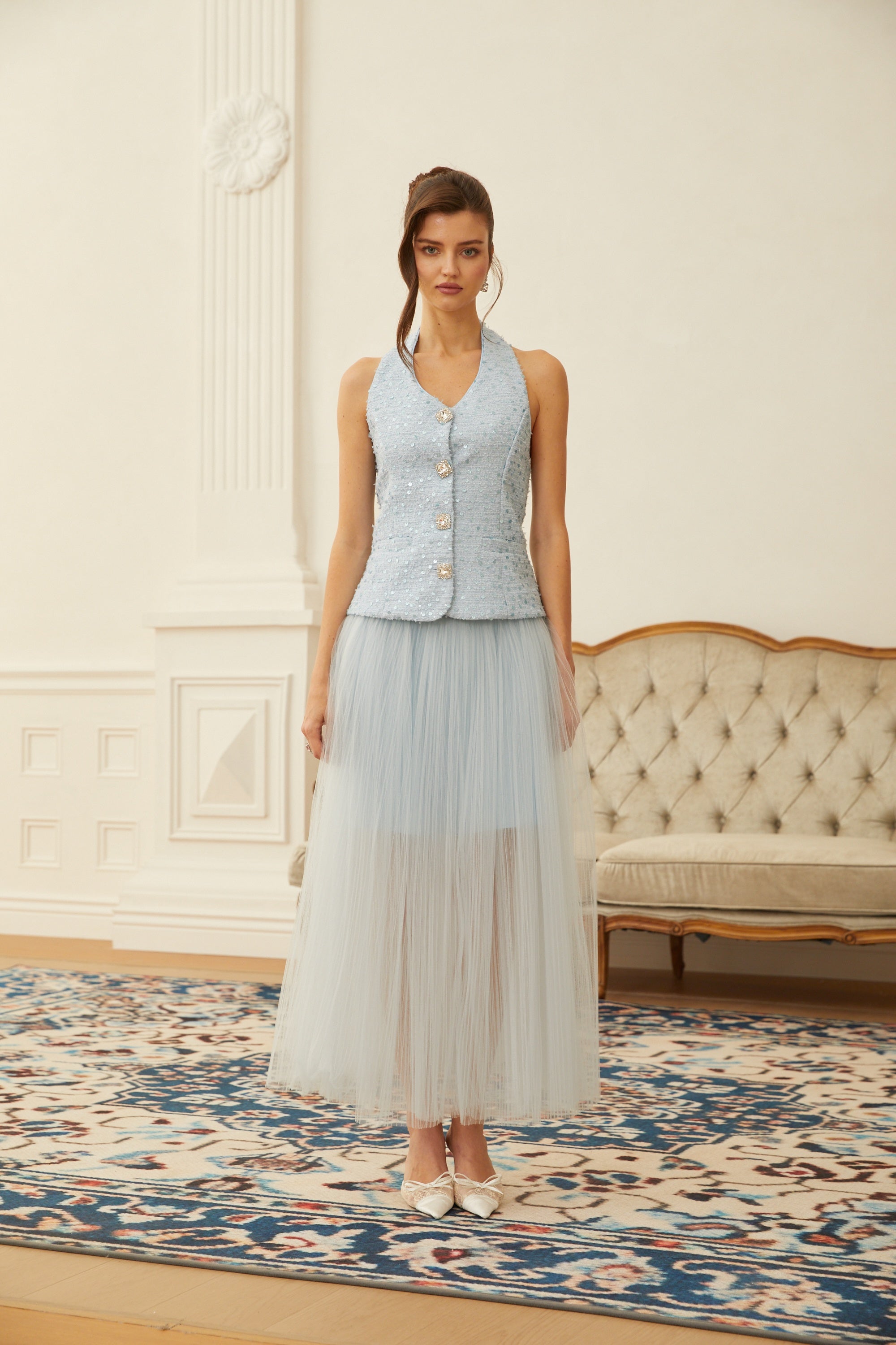 Margareta Blue Tweed Waistcoat & Tulle Skirt Set