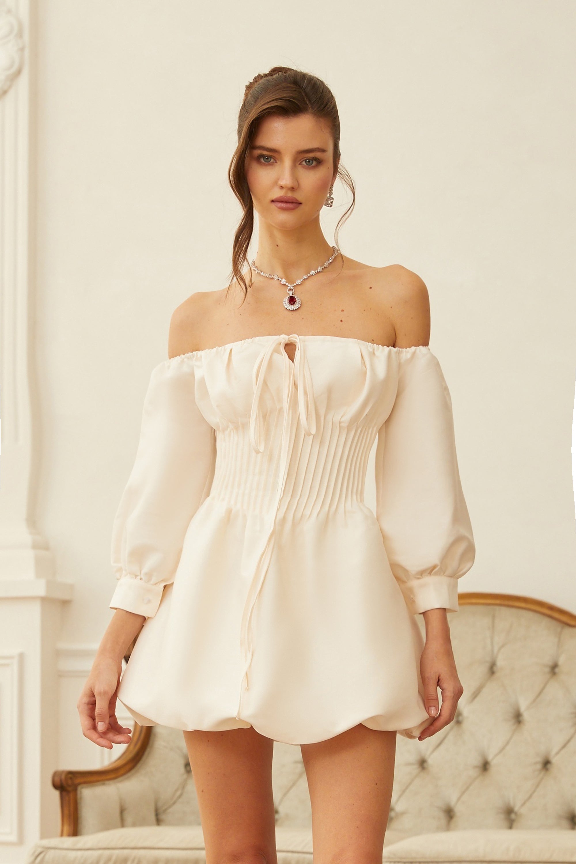 Bianca White Off Shoulder Pleated Panel Mini Dress