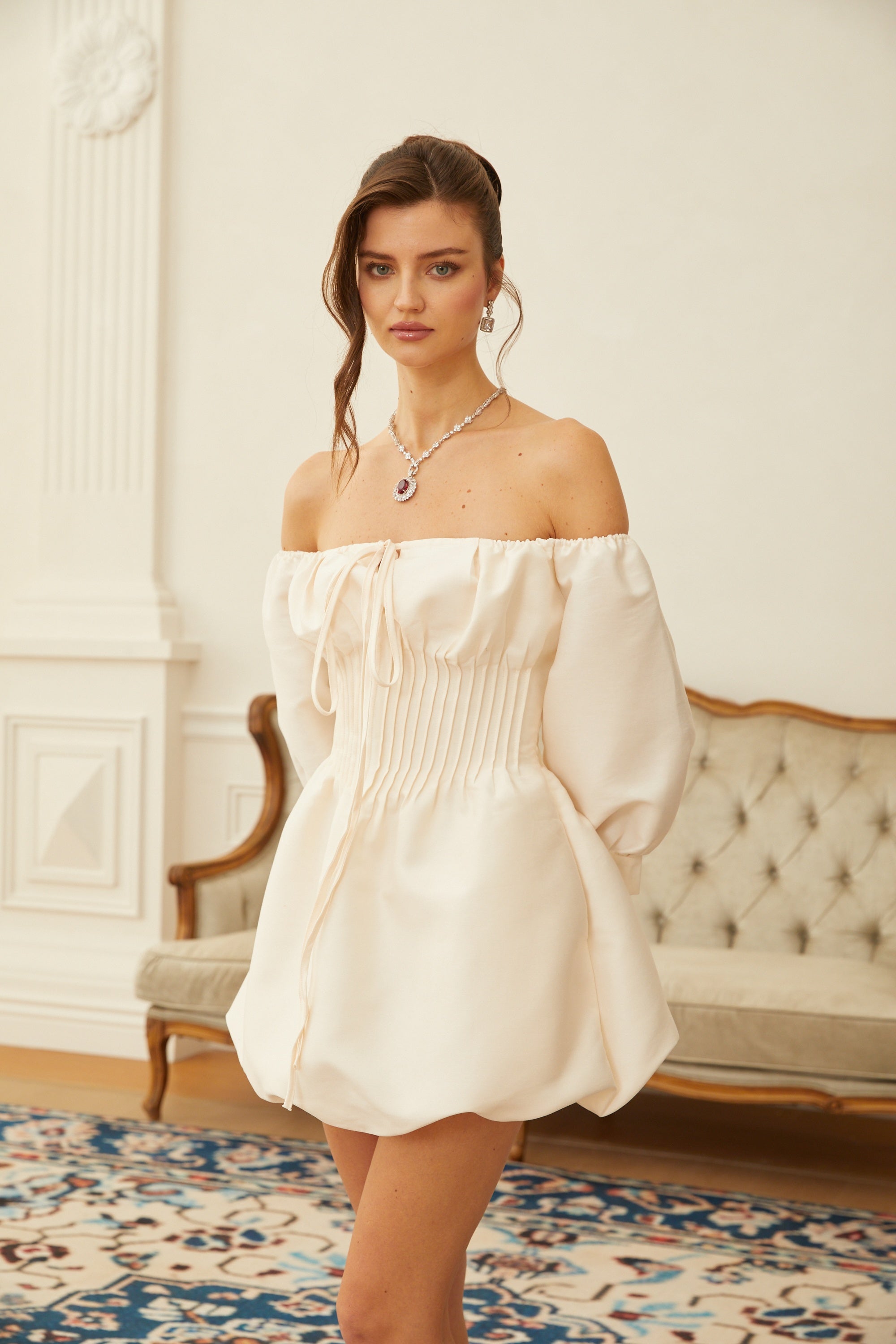 Bianca White Off Shoulder Pleated Panel Mini Dress