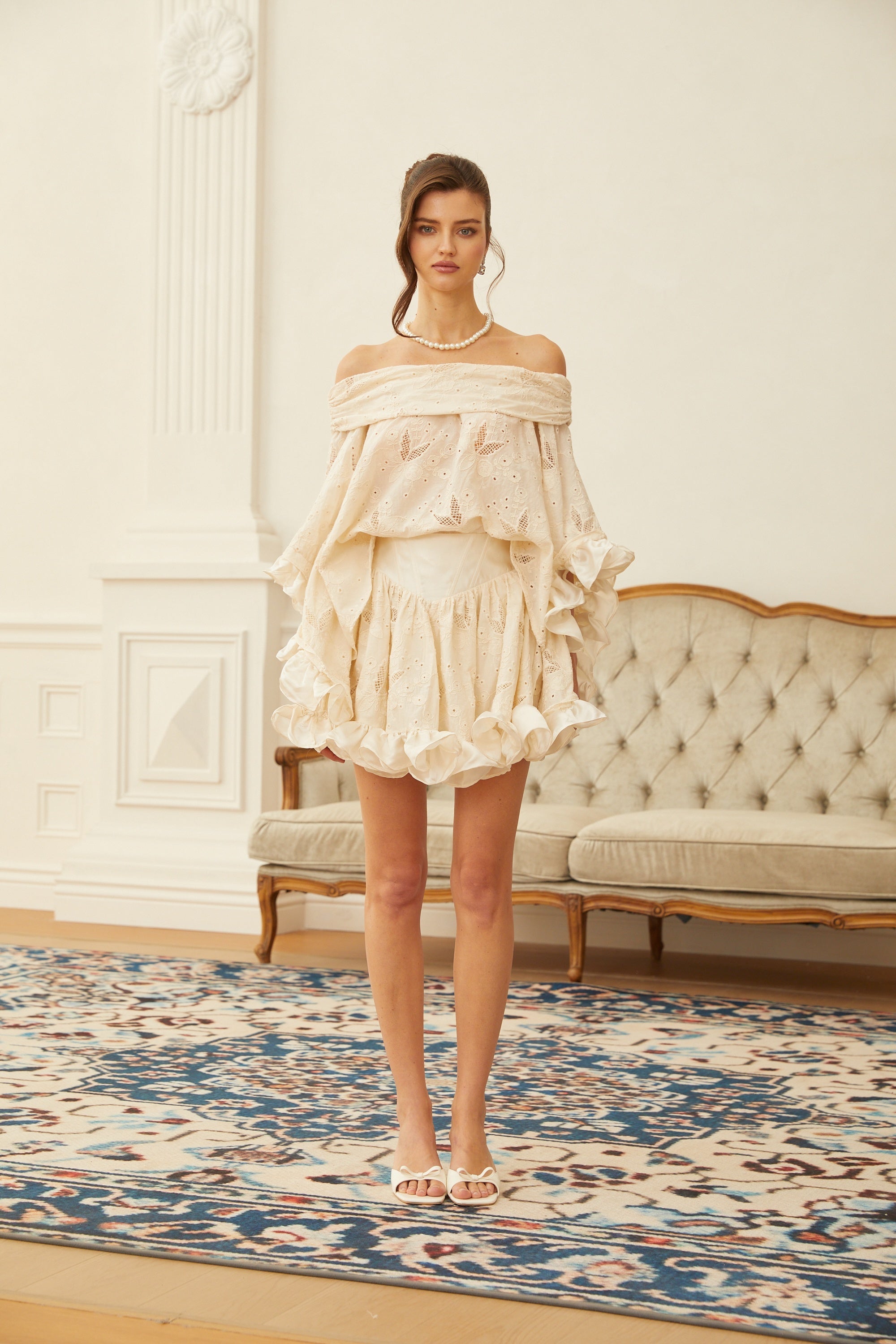 Alva Neutral Crochet Floral Embroidered Blouse & Skirt Set