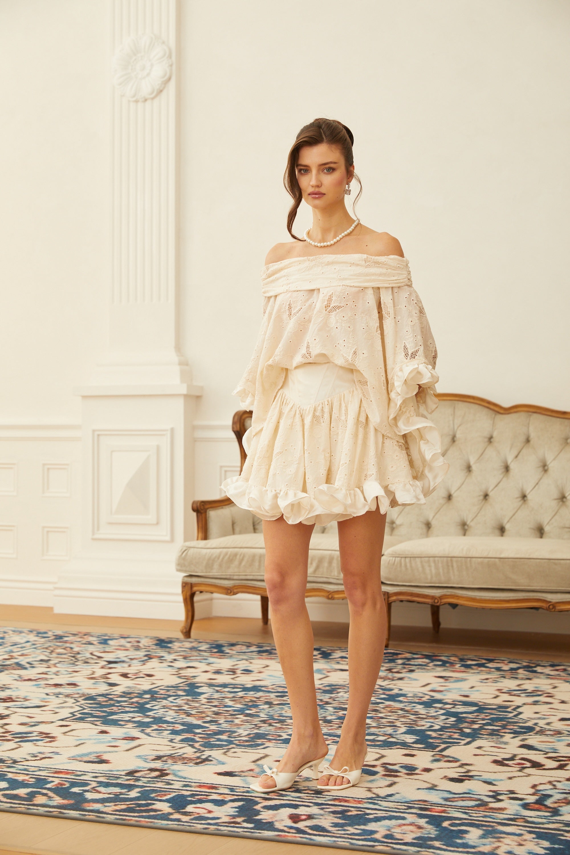 Alva Neutral Crochet Floral Embroidered Blouse & Skirt Set