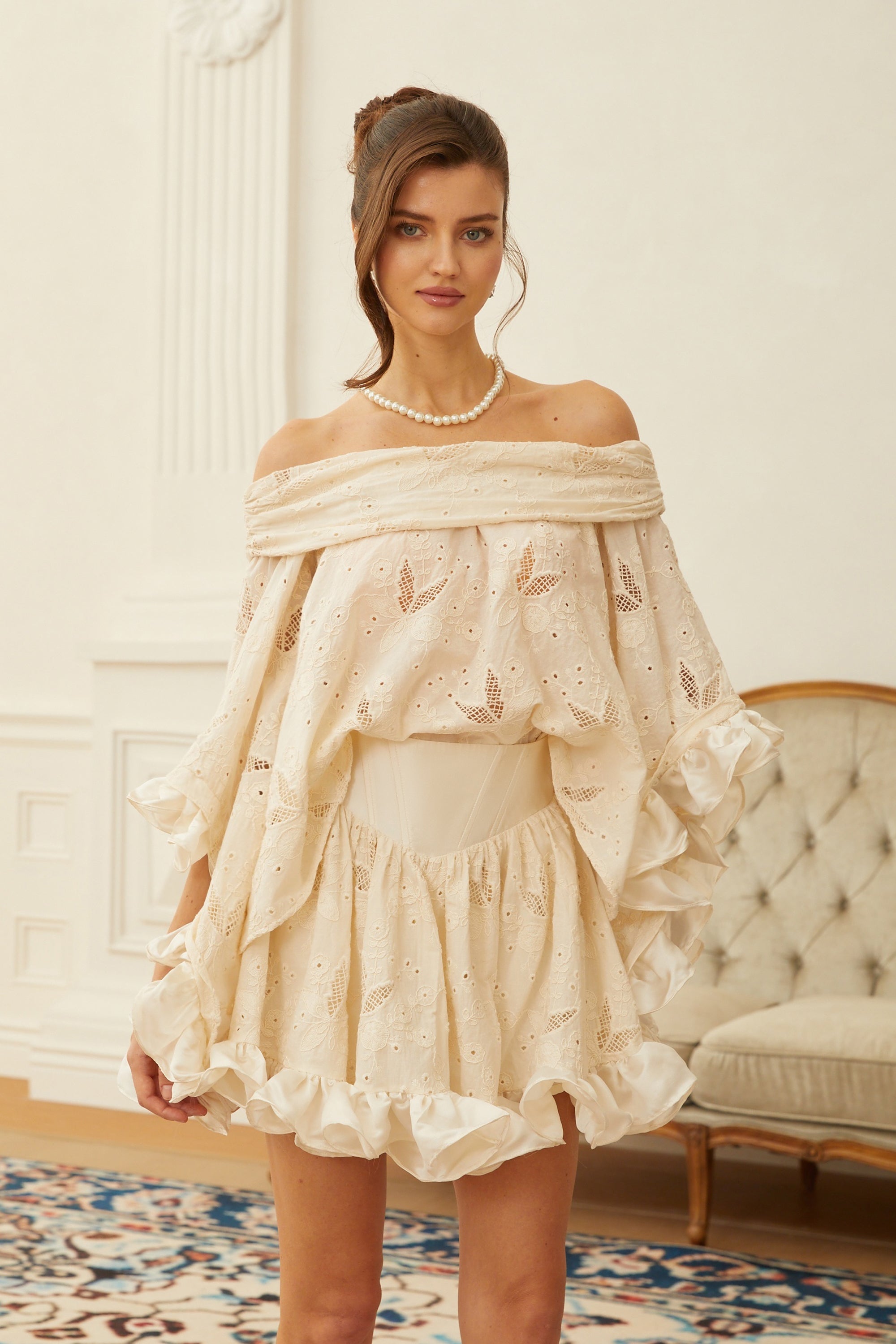 Alva Neutral Crochet Floral Embroidered Blouse & Skirt Set