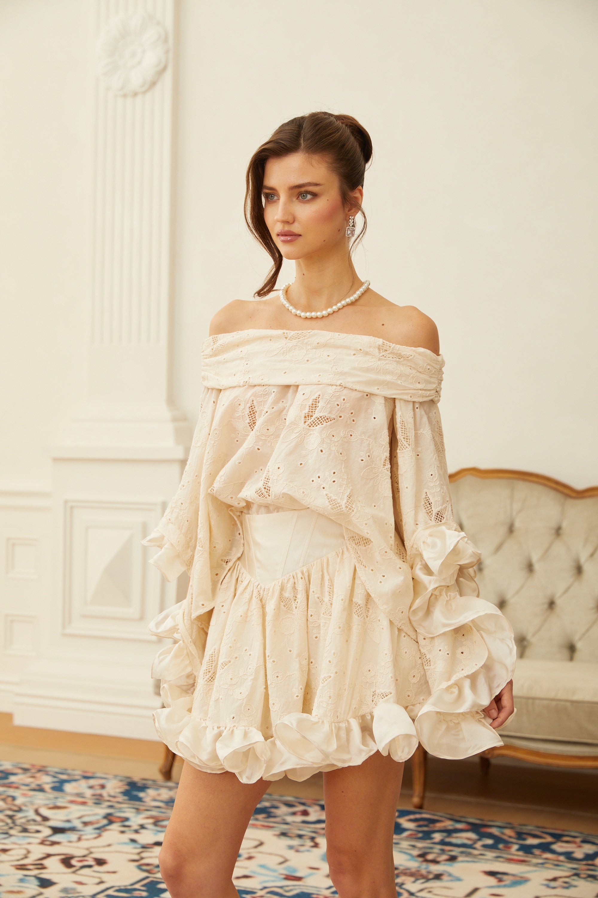 Alva Neutral Crochet Floral Embroidered Blouse & Skirt Set