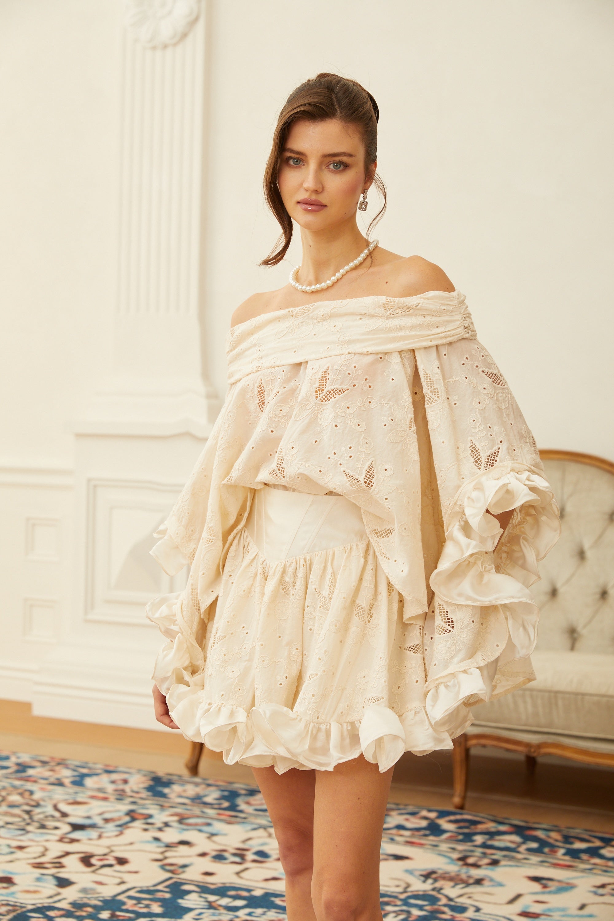 Alva Neutral Crochet Floral Embroidered Blouse & Skirt Set