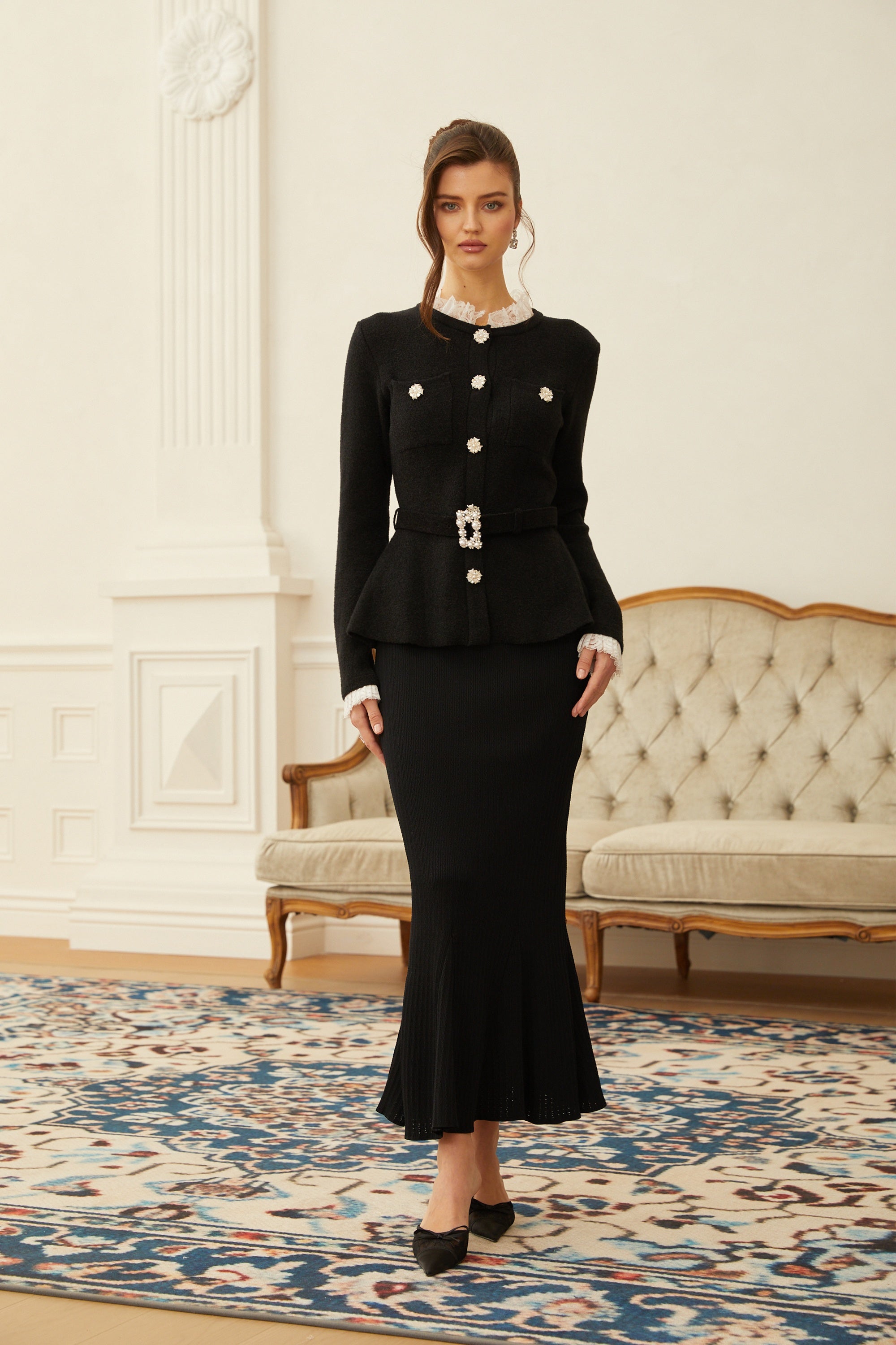 Ellinor Black Embellished Knit Top & Skirt Set