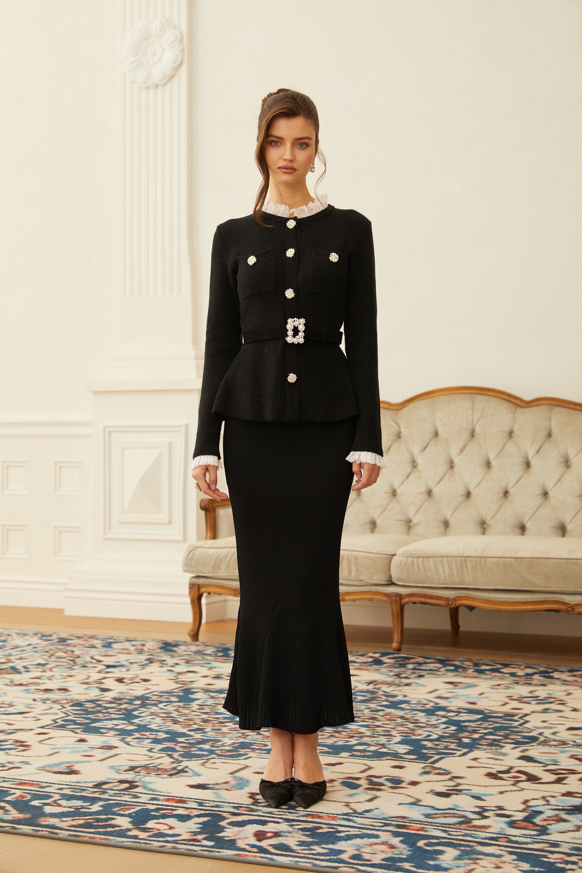 Ellinor Black Embellished Knit Top & Skirt Set