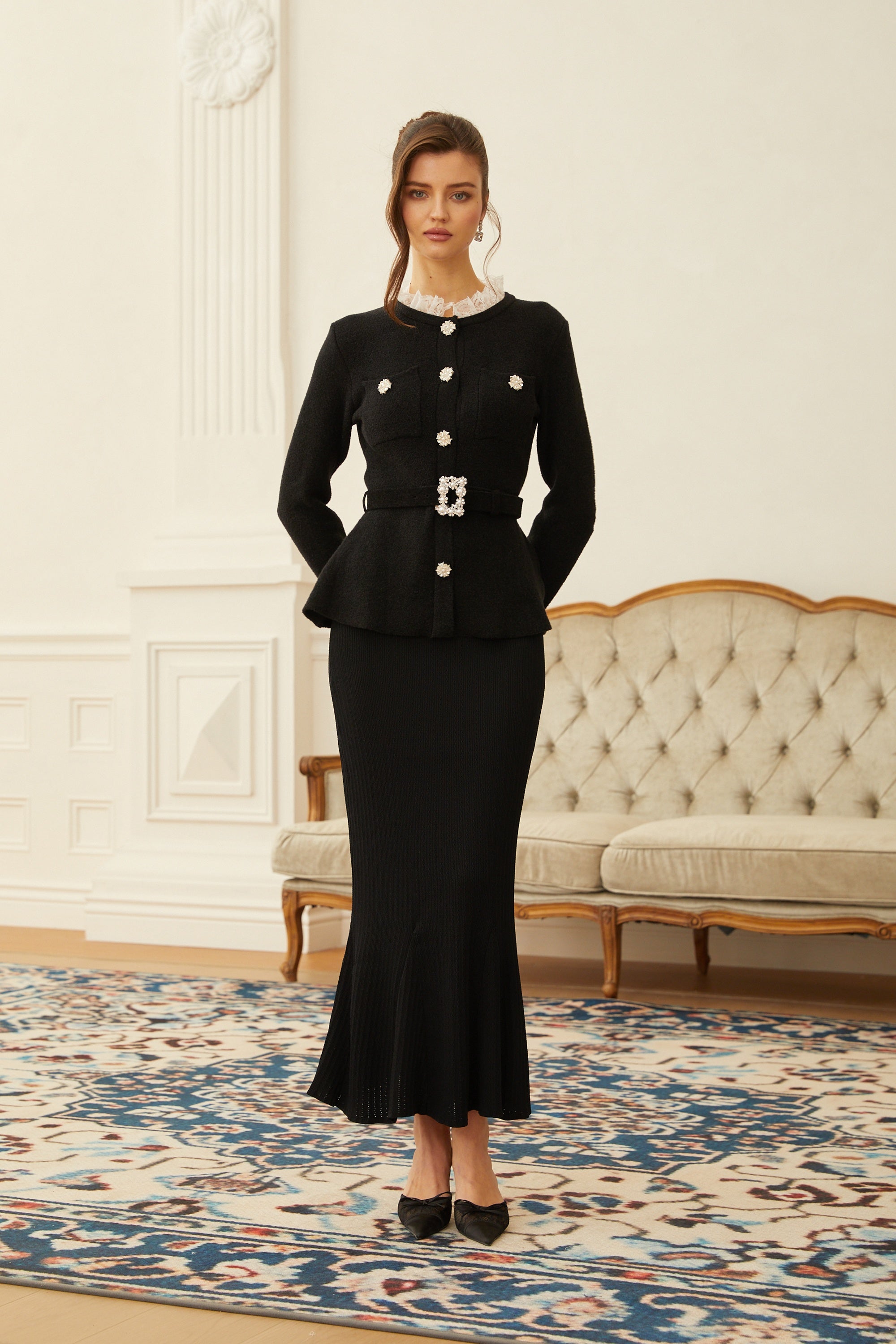 Ellinor Black Embellished Knit Top & Skirt Set