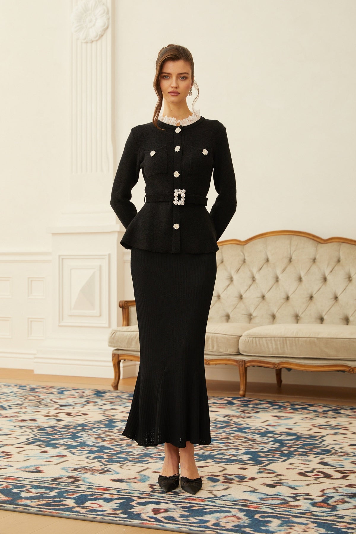 Ellinor Black Embellished Knit Top & Skirt Set