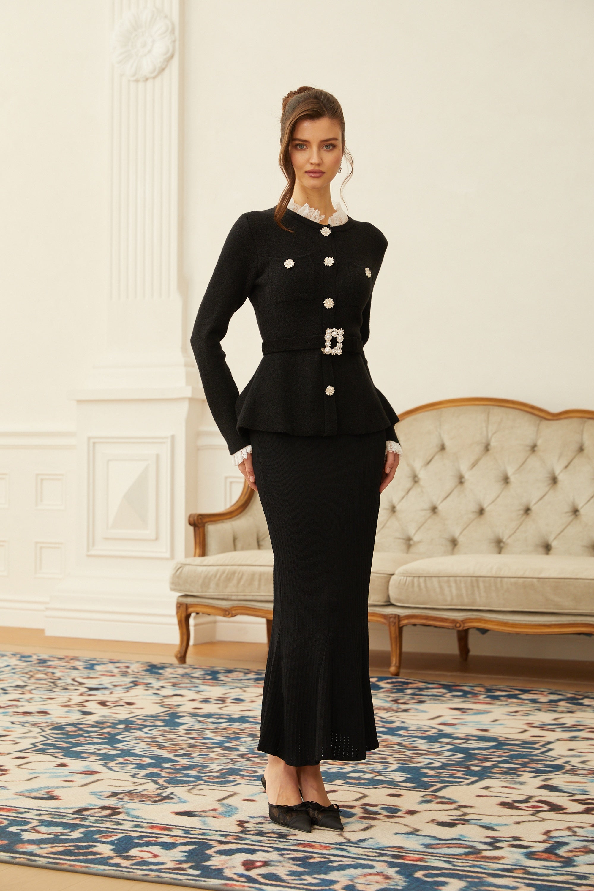 Ellinor Black Embellished Knit Top & Skirt Set