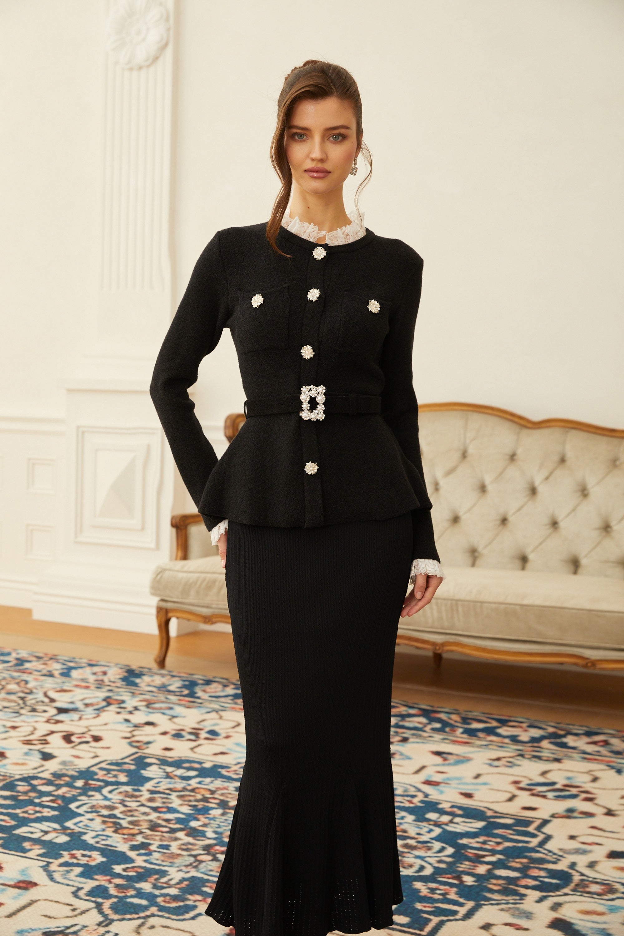 Ellinor Black Embellished Knit Top & Skirt Set