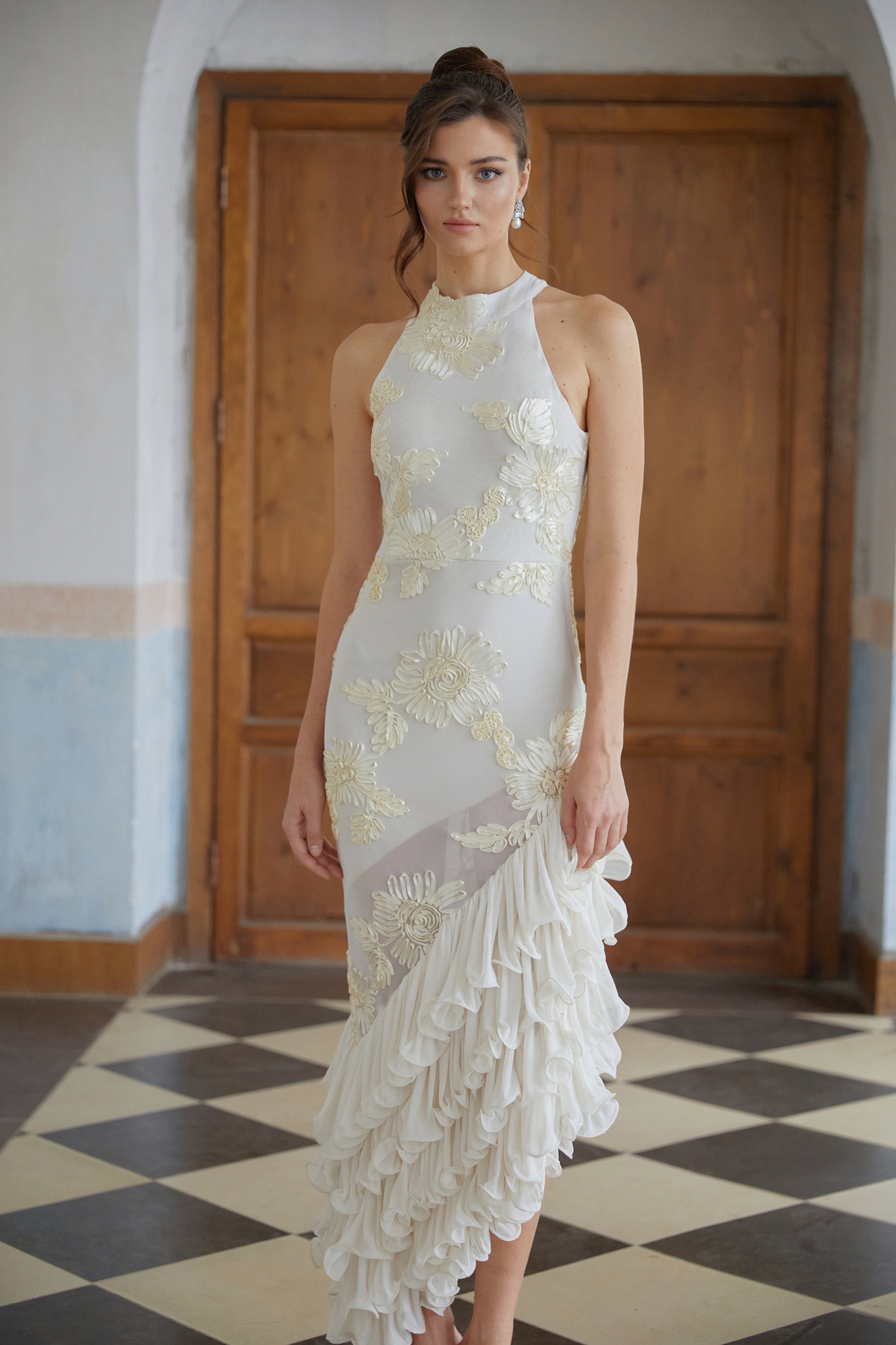 Théoline Neutral Asymmetrical Ruffled Floral Midi Dress