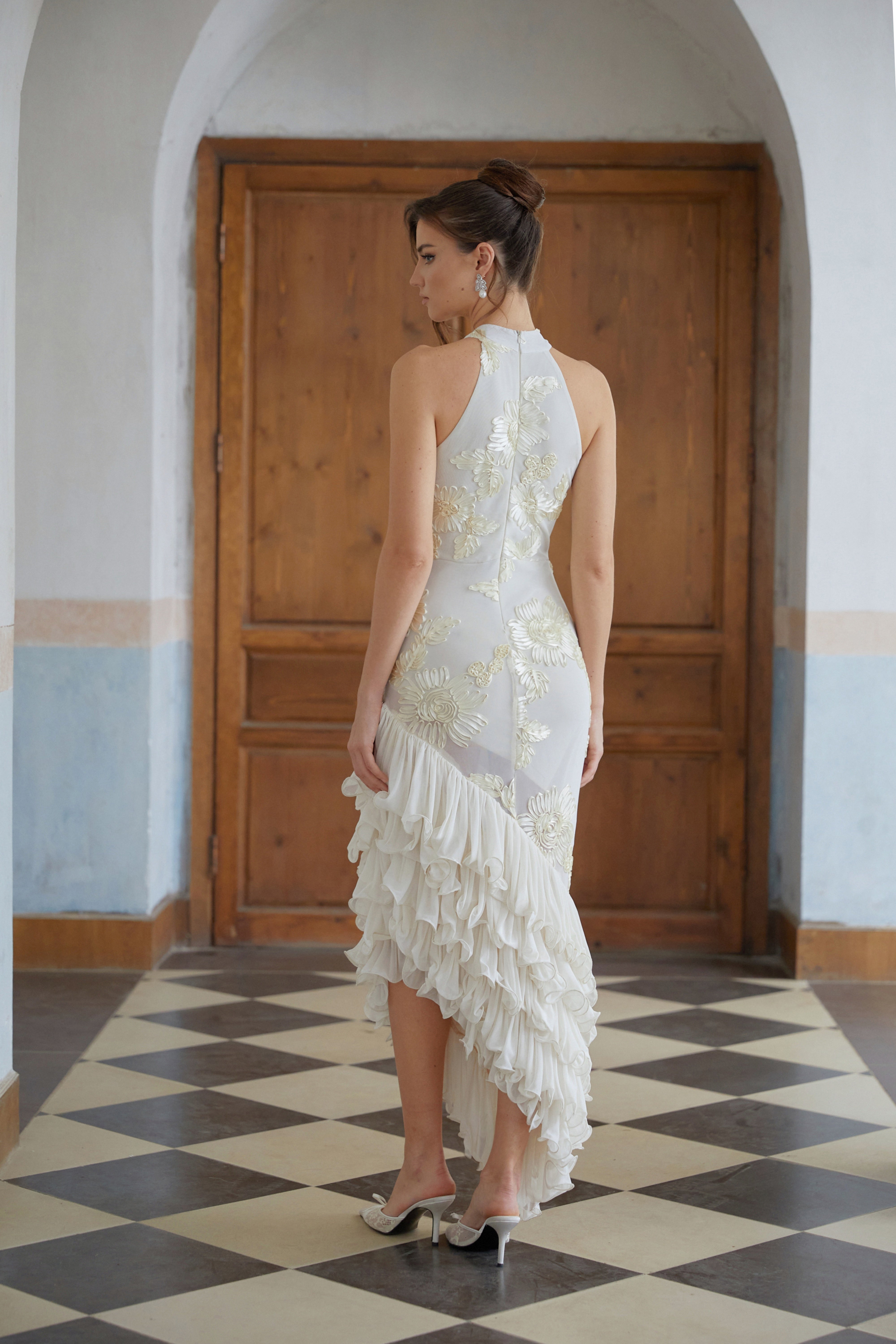 Théoline Neutral Asymmetrical Ruffled Floral Midi Dress