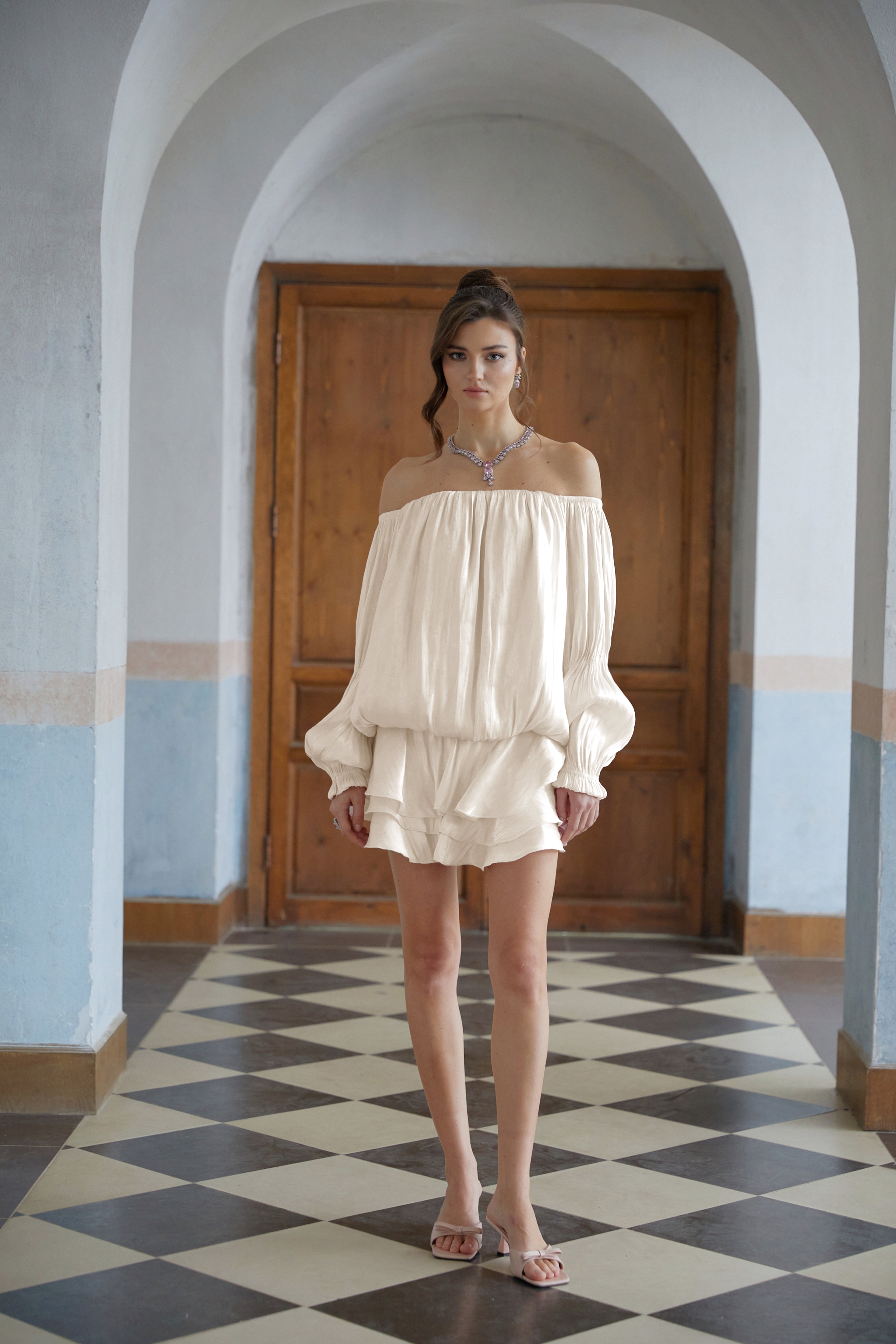 Zofia White Glossy Pleated Tiered Mini Dress