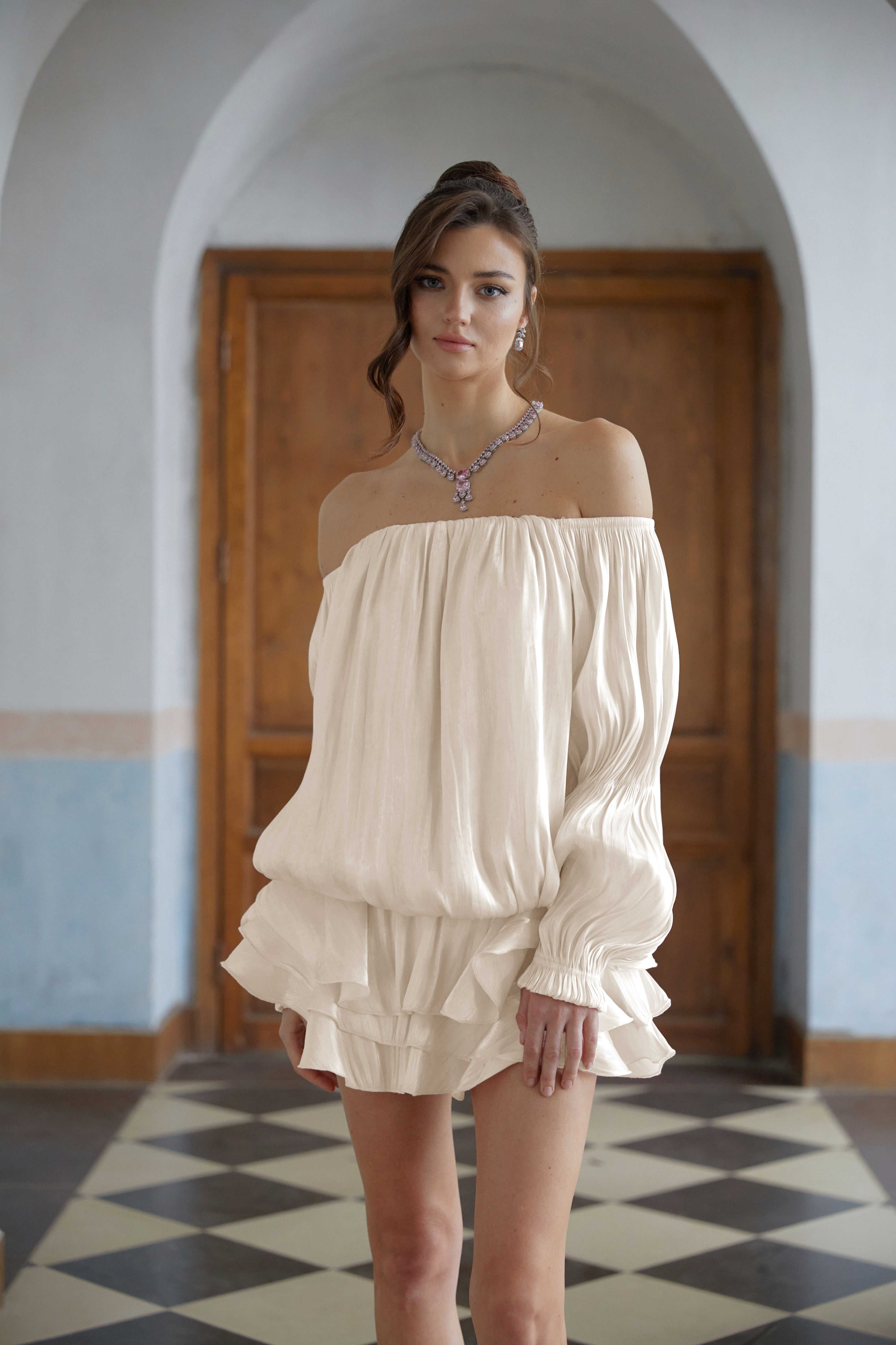 Zofia White Glossy Pleated Tiered Mini Dress