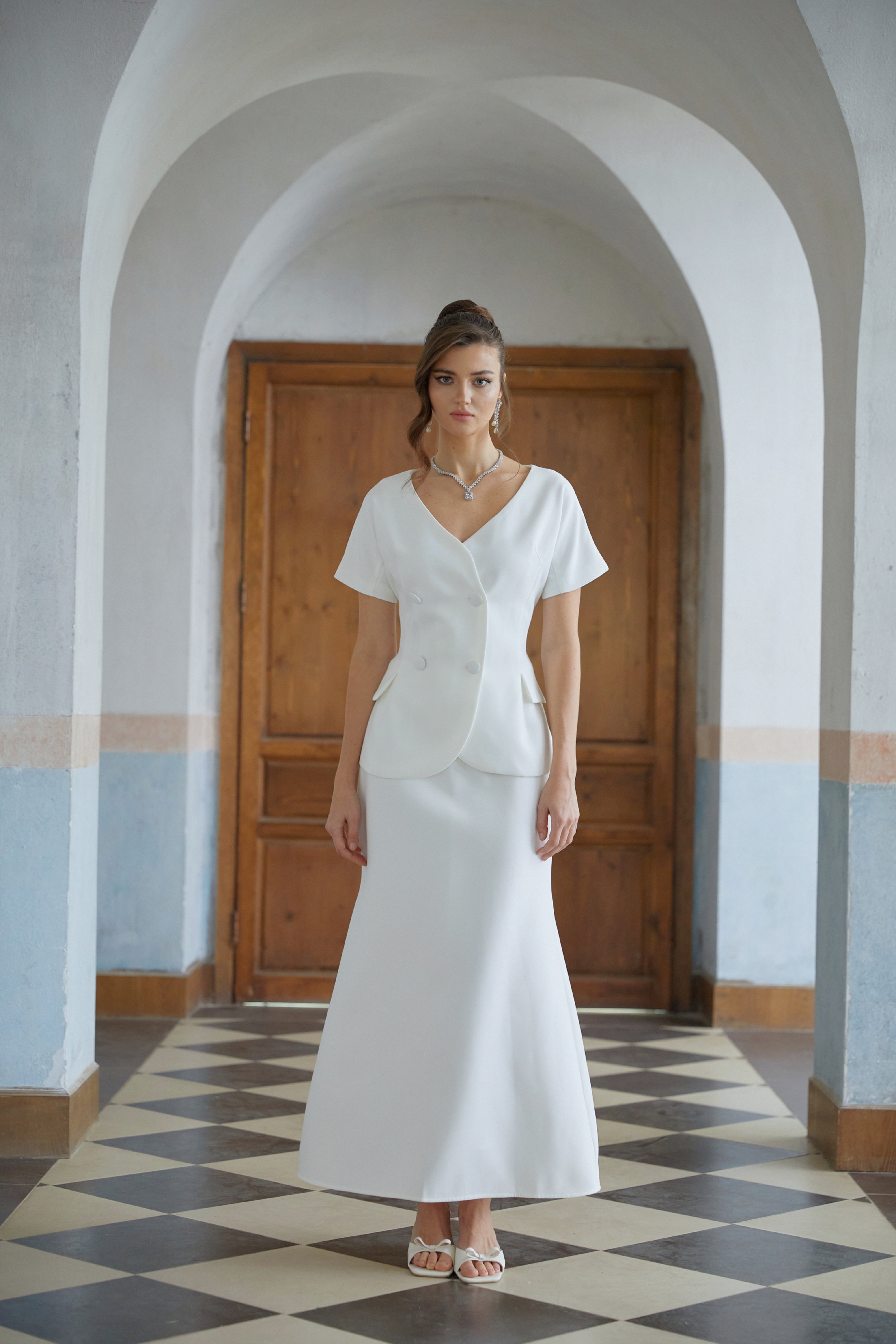 Halsey White Double-Breasted Top & Flared Skirt Set (Final Sale)