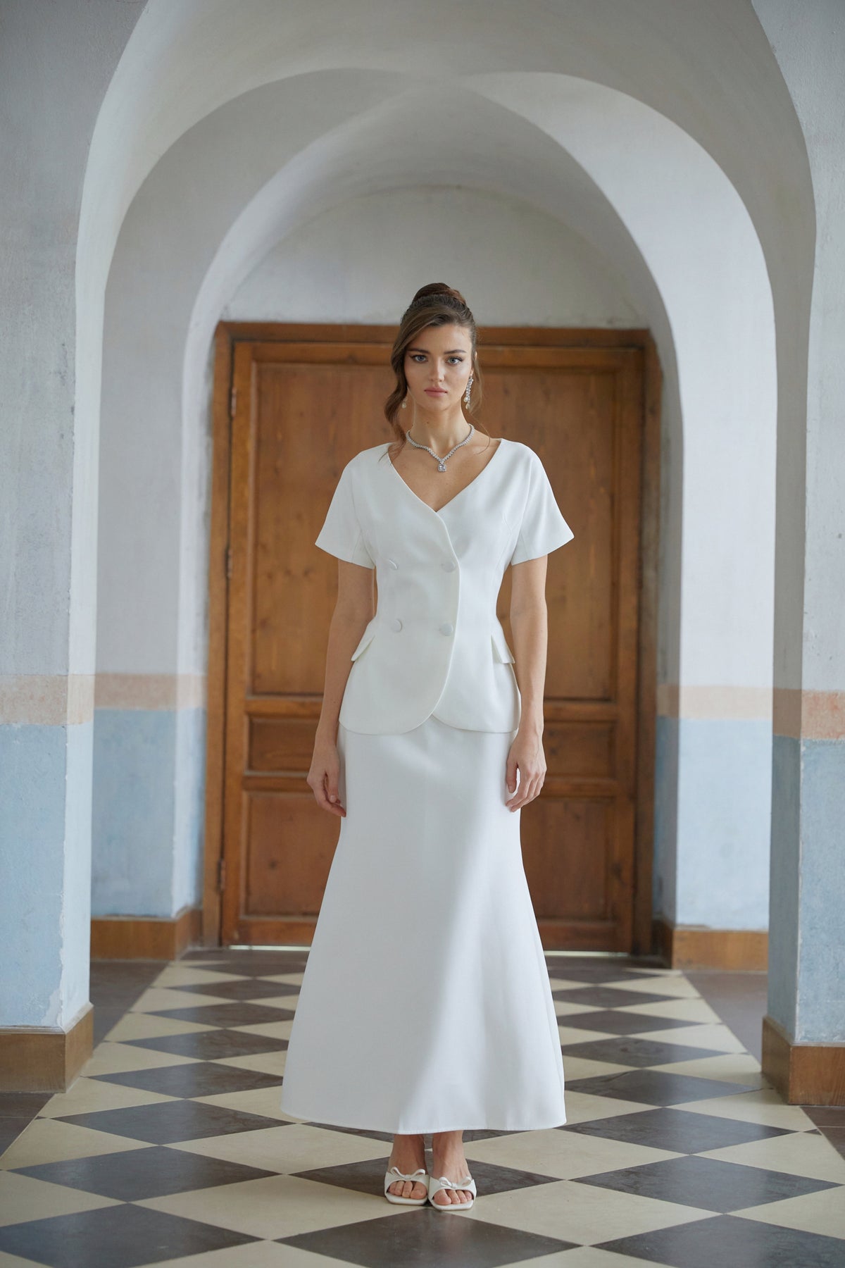 Halsey White Double-Breasted Top & Flared Skirt Set (Final Sale)