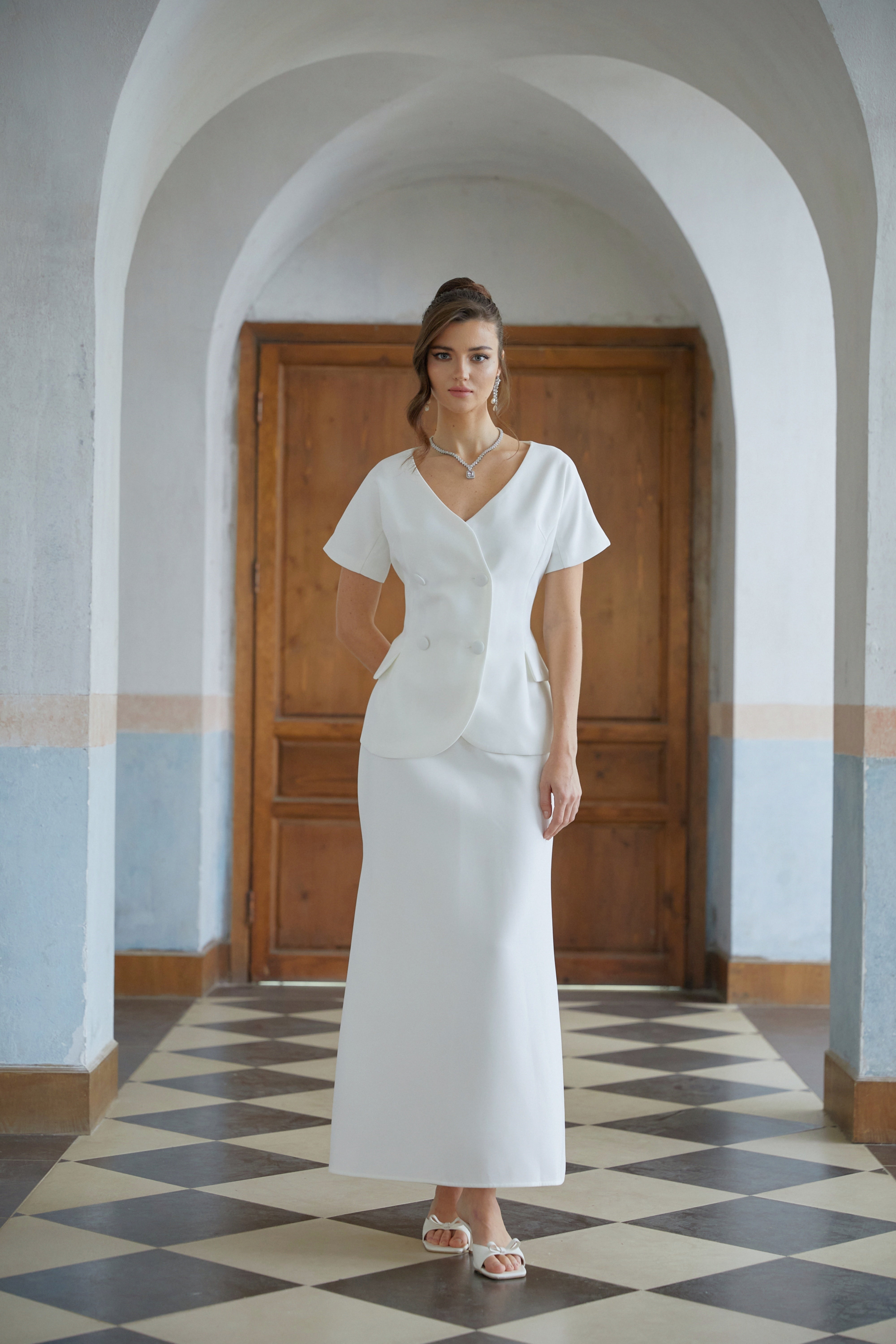 Halsey White Double-Breasted Top & Flared Skirt Set (Final Sale)