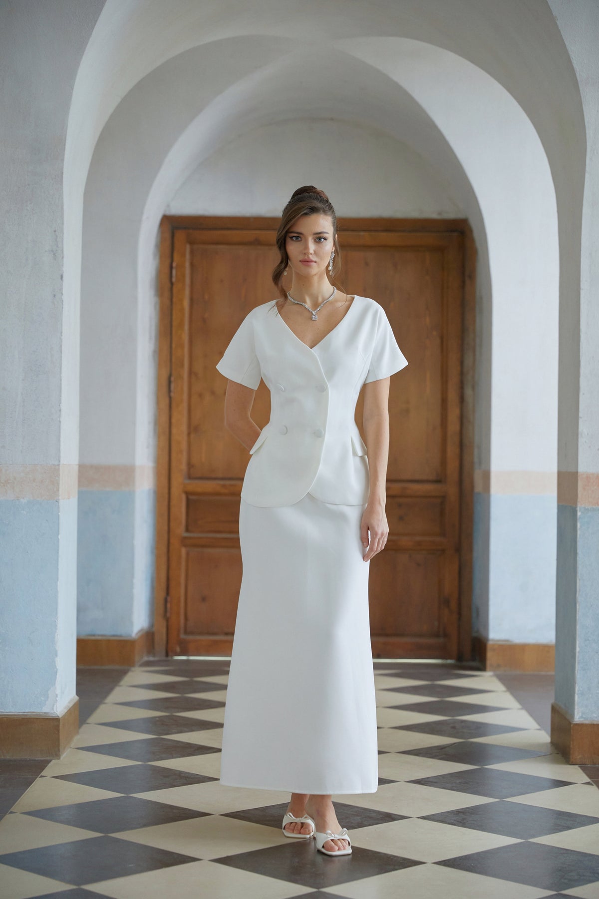 Halsey White Double-Breasted Top & Flared Skirt Set (Final Sale)