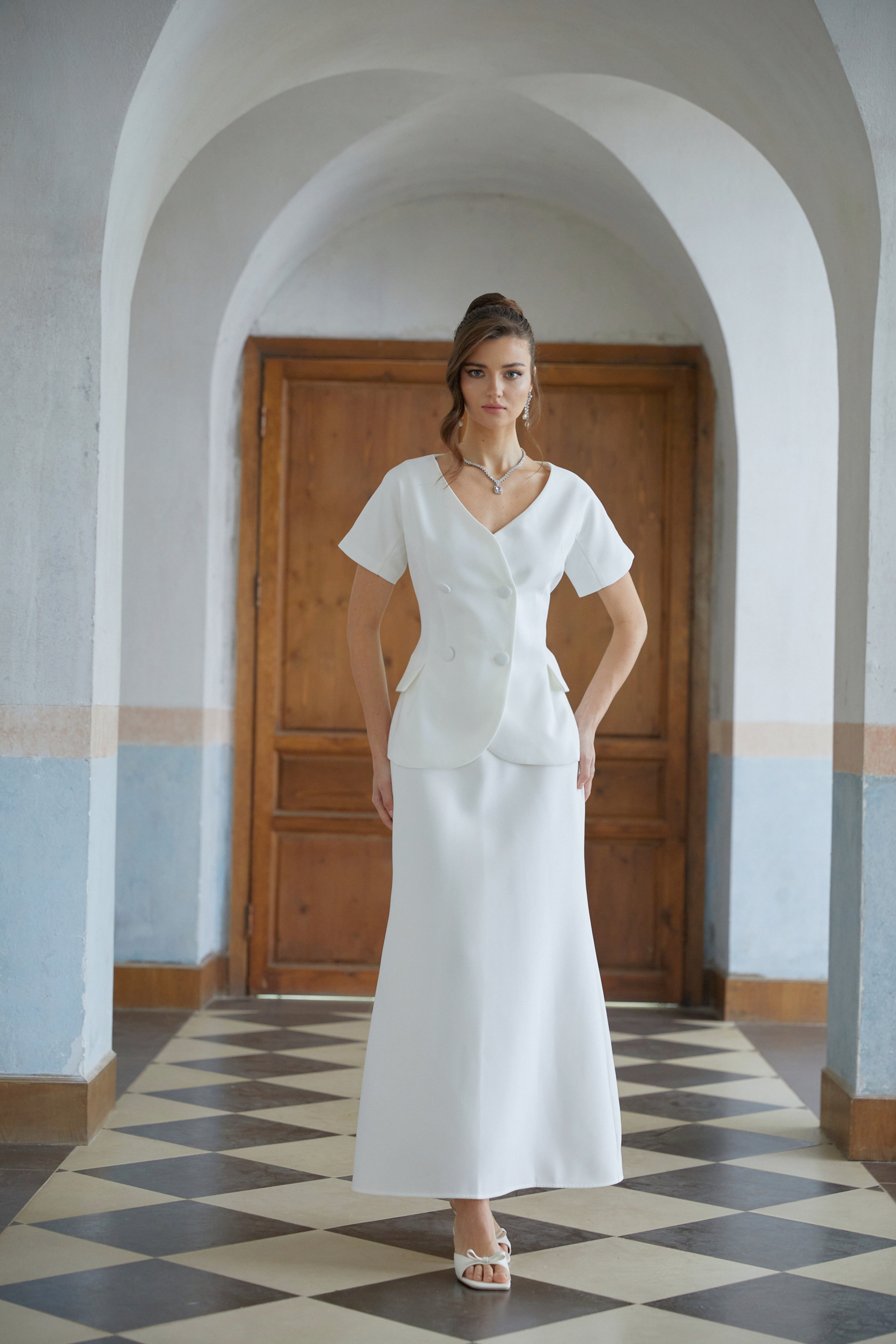 Halsey White Double-Breasted Top & Flared Skirt Set (Final Sale)