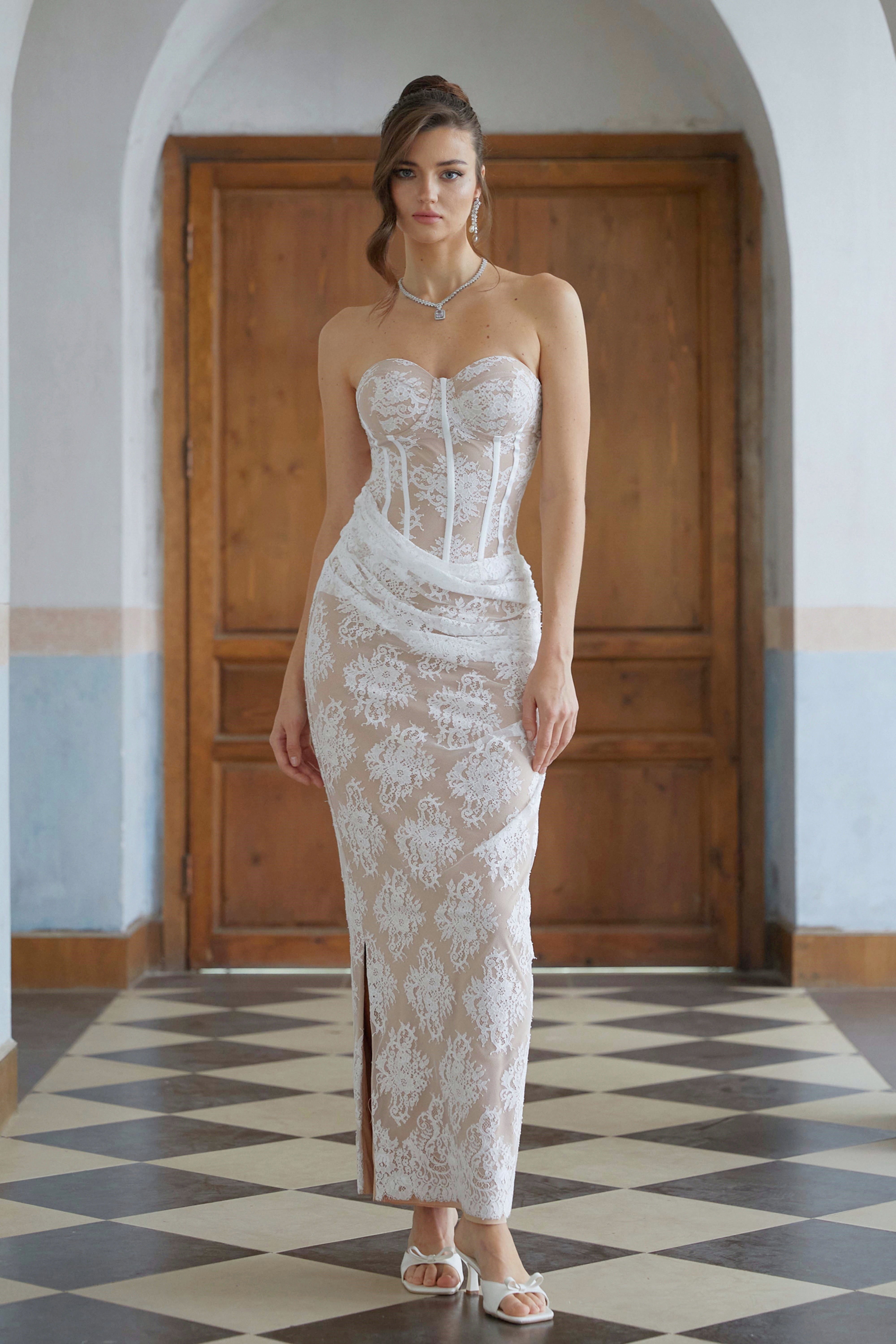Tyra White Floral Lace Corset Maxi Dress
