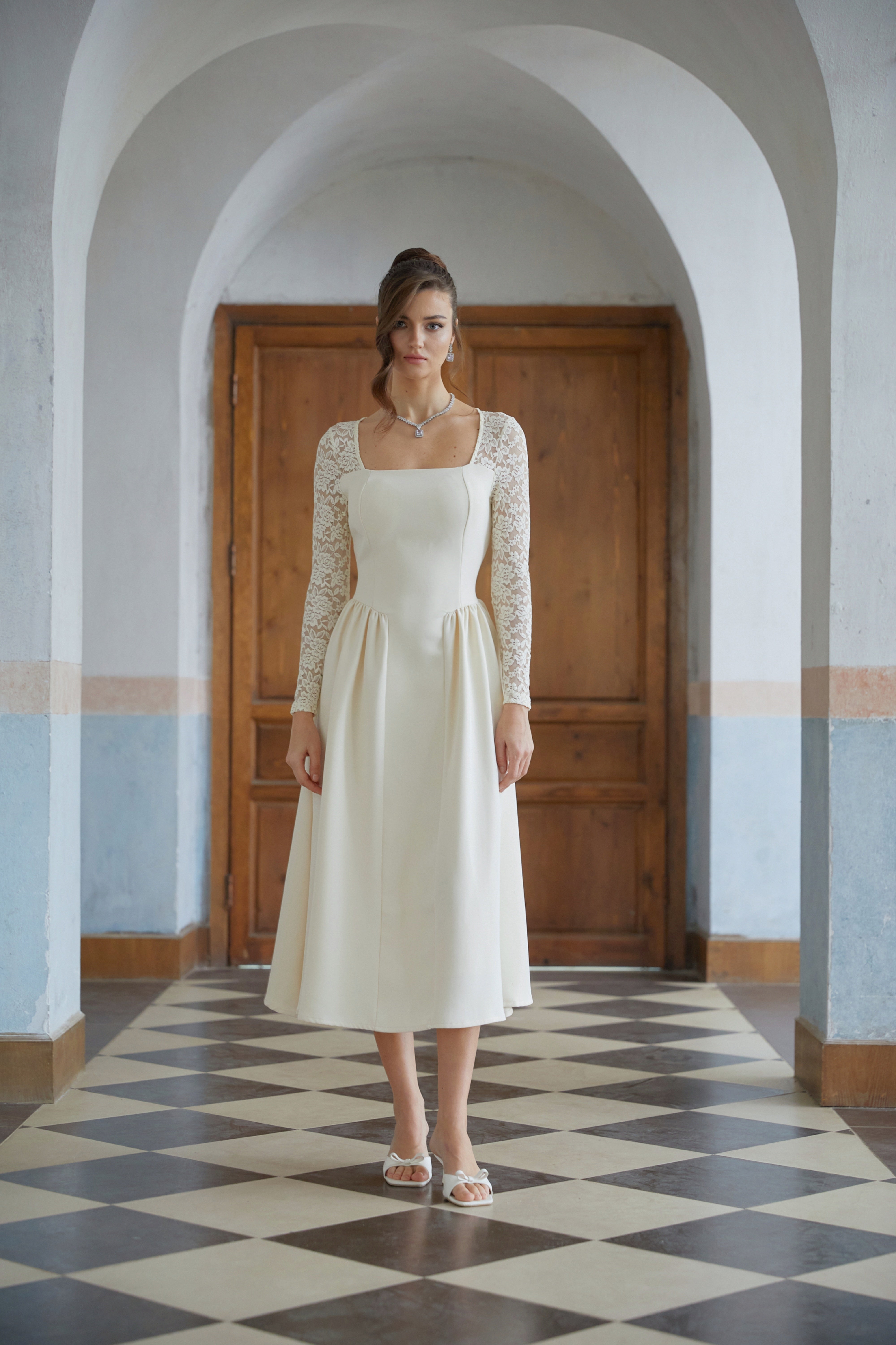 Dilla Neutral Lace Shirred Panel Midi Dress