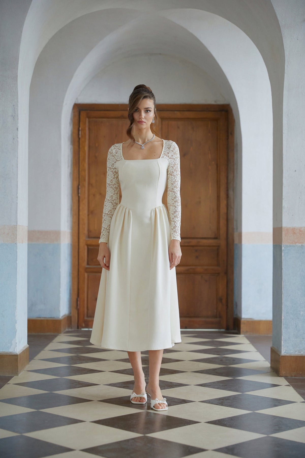 Dilla Neutral Lace Shirred Panel Midi Dress (Final Sale)