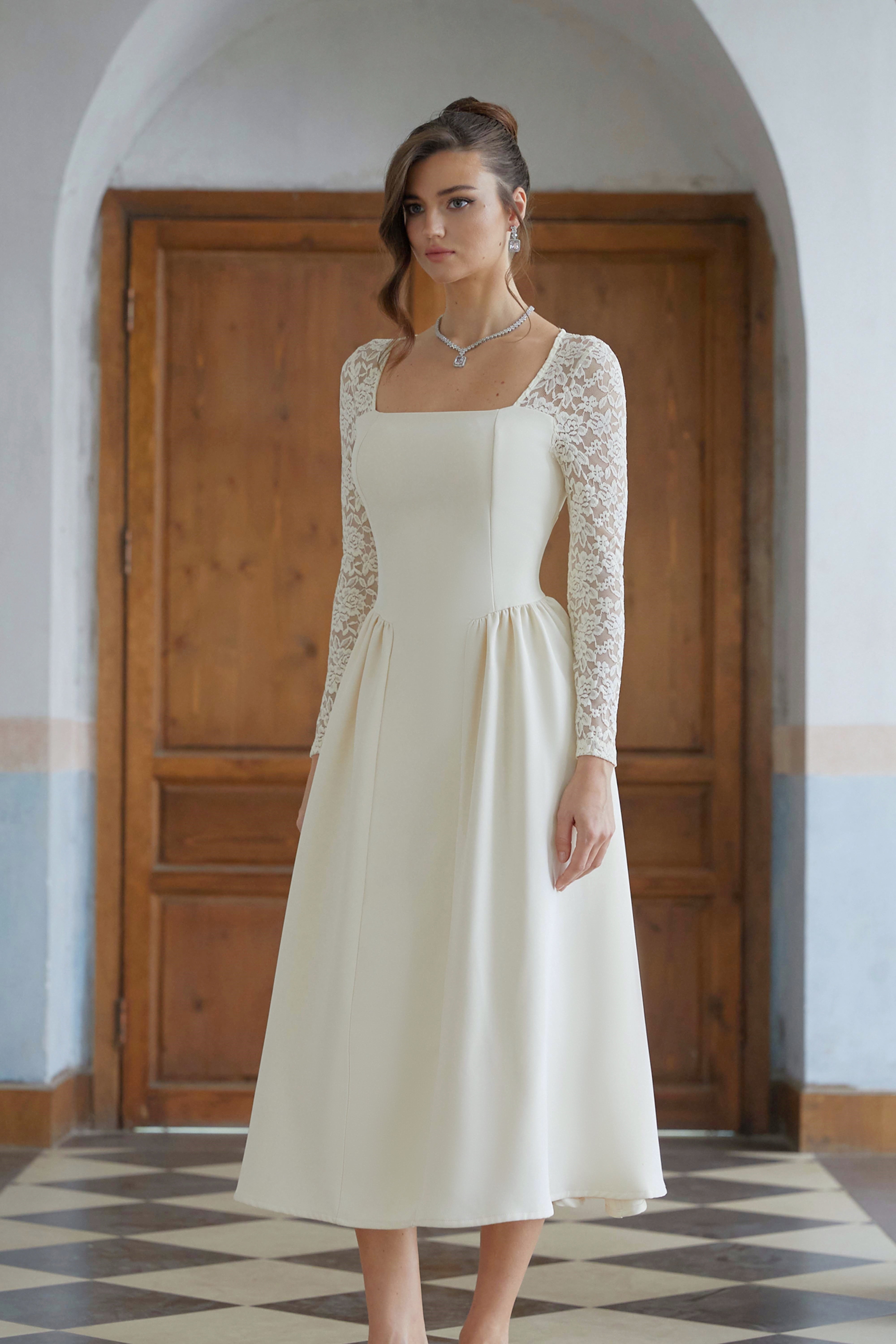 Dilla Neutral Lace Shirred Panel Midi Dress