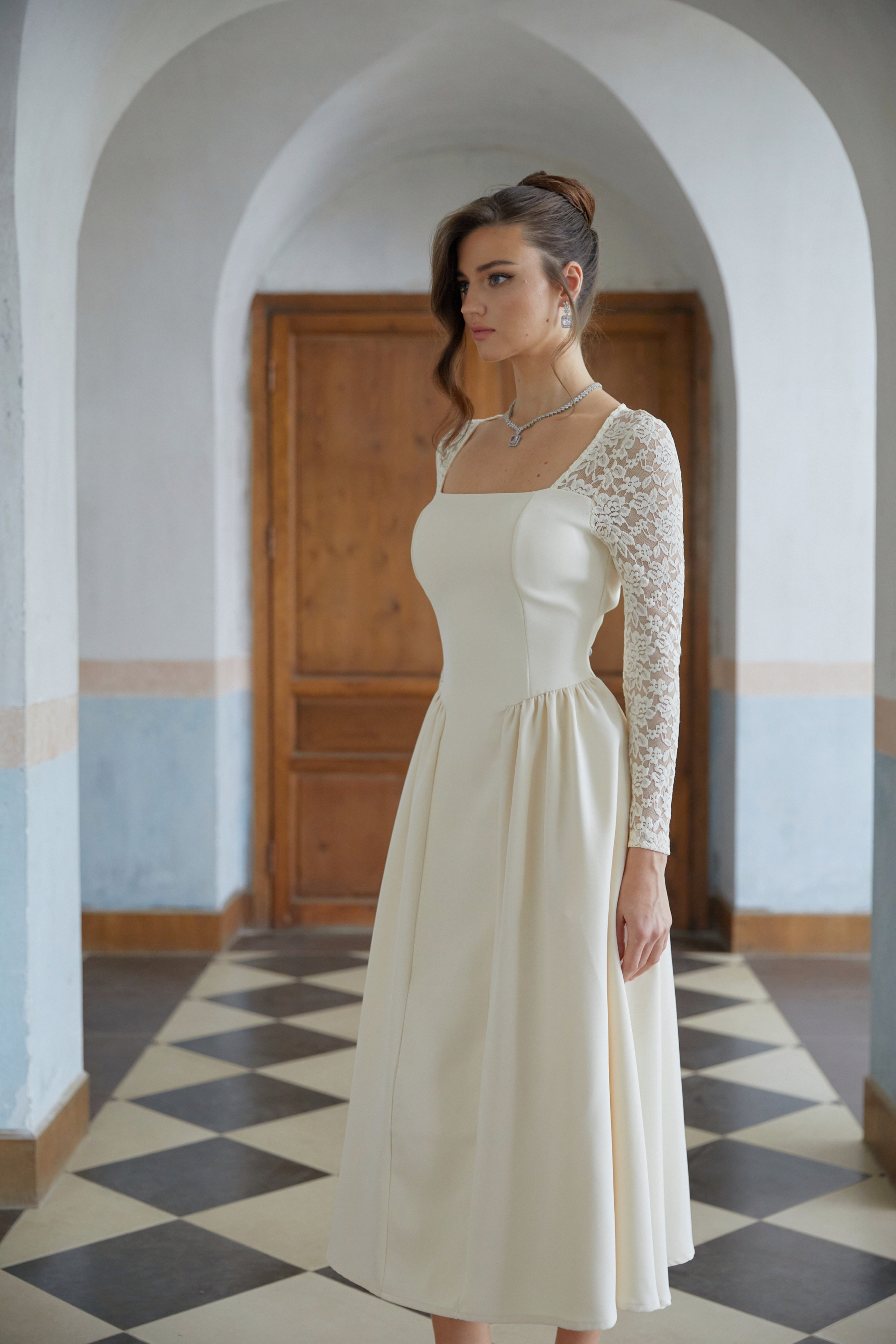 Dilla Neutral Lace Shirred Panel Midi Dress (Final Sale)