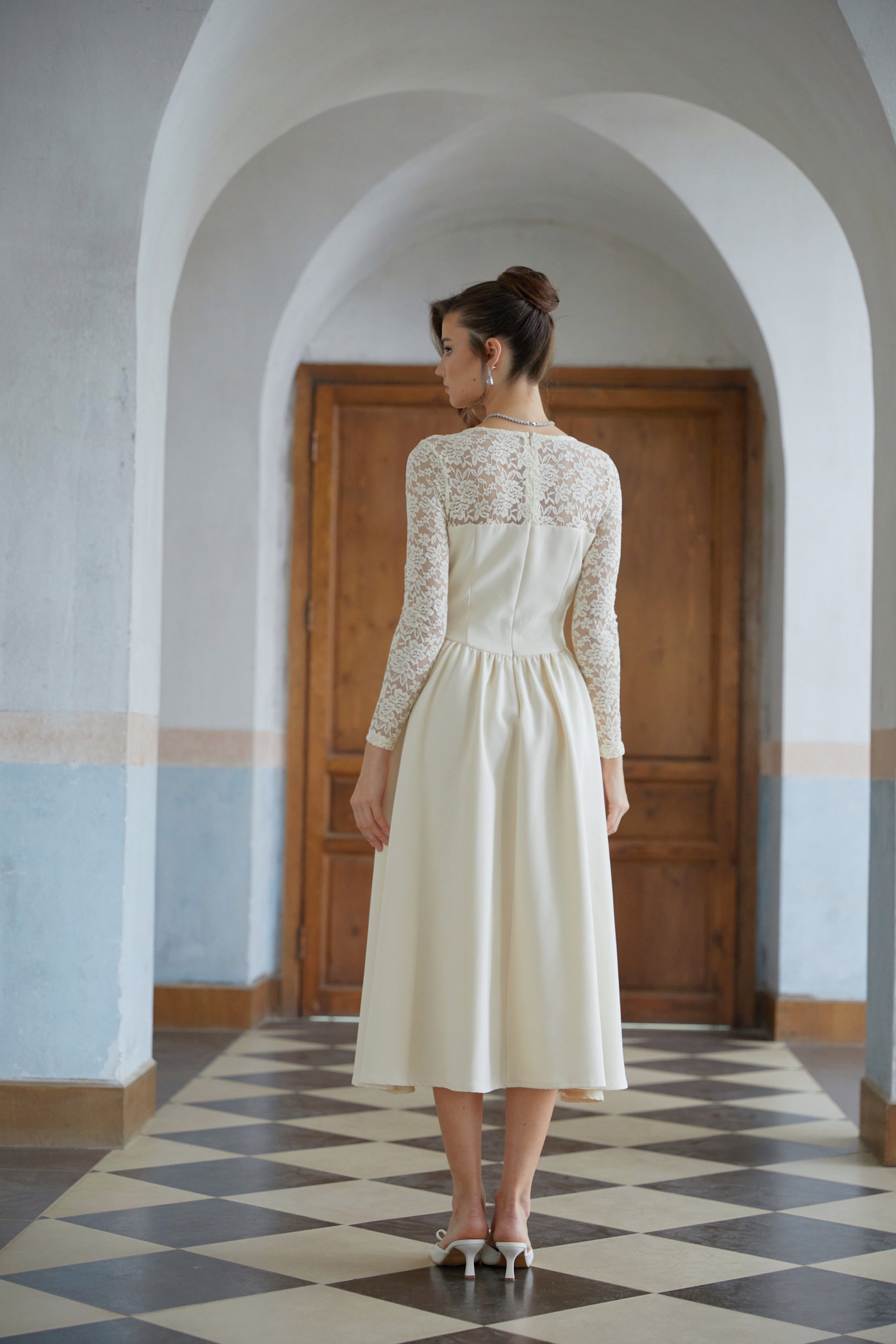 Dilla Neutral Lace Shirred Panel Midi Dress (Final Sale)