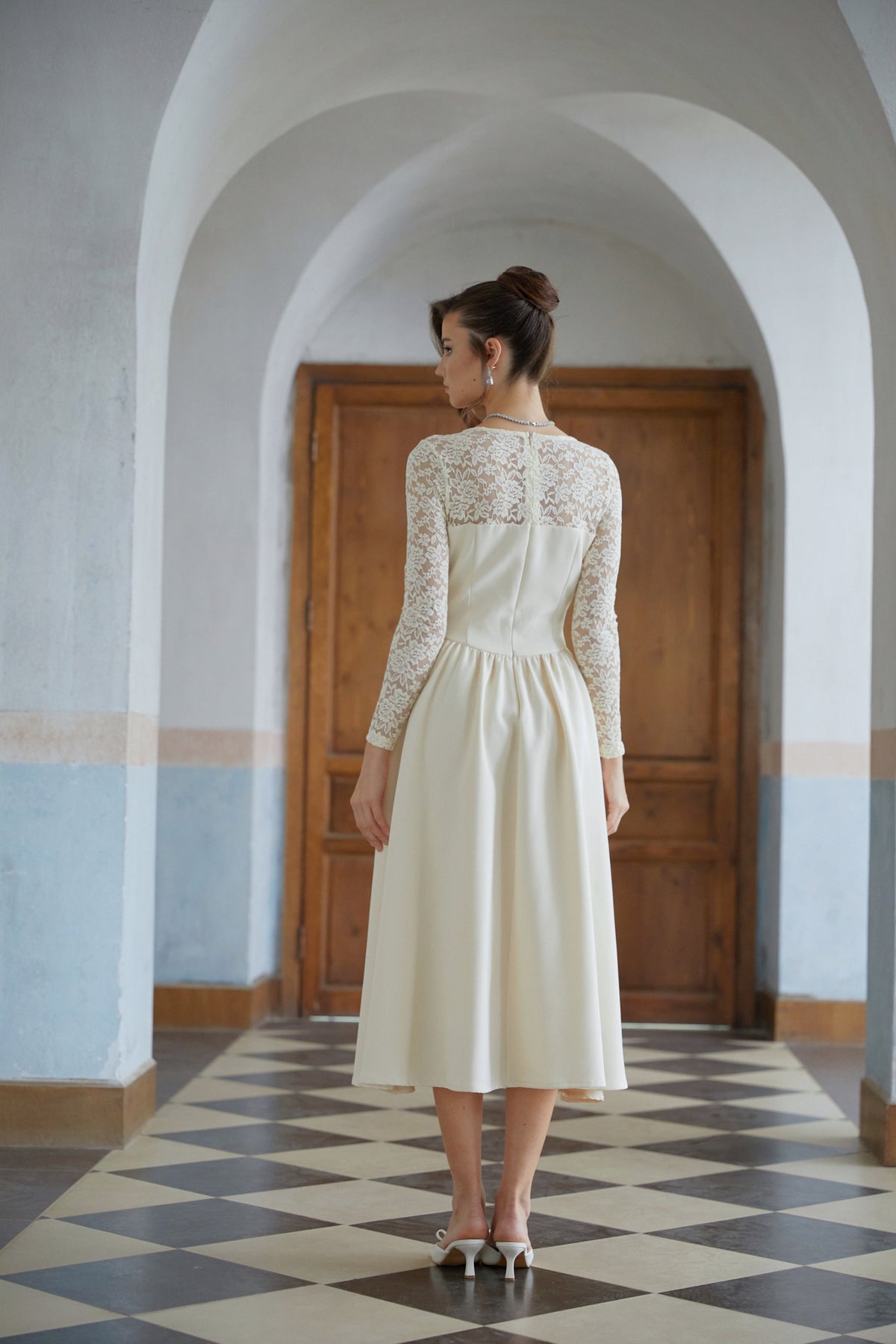 Dilla Neutral Lace Shirred Panel Midi Dress (Final Sale)