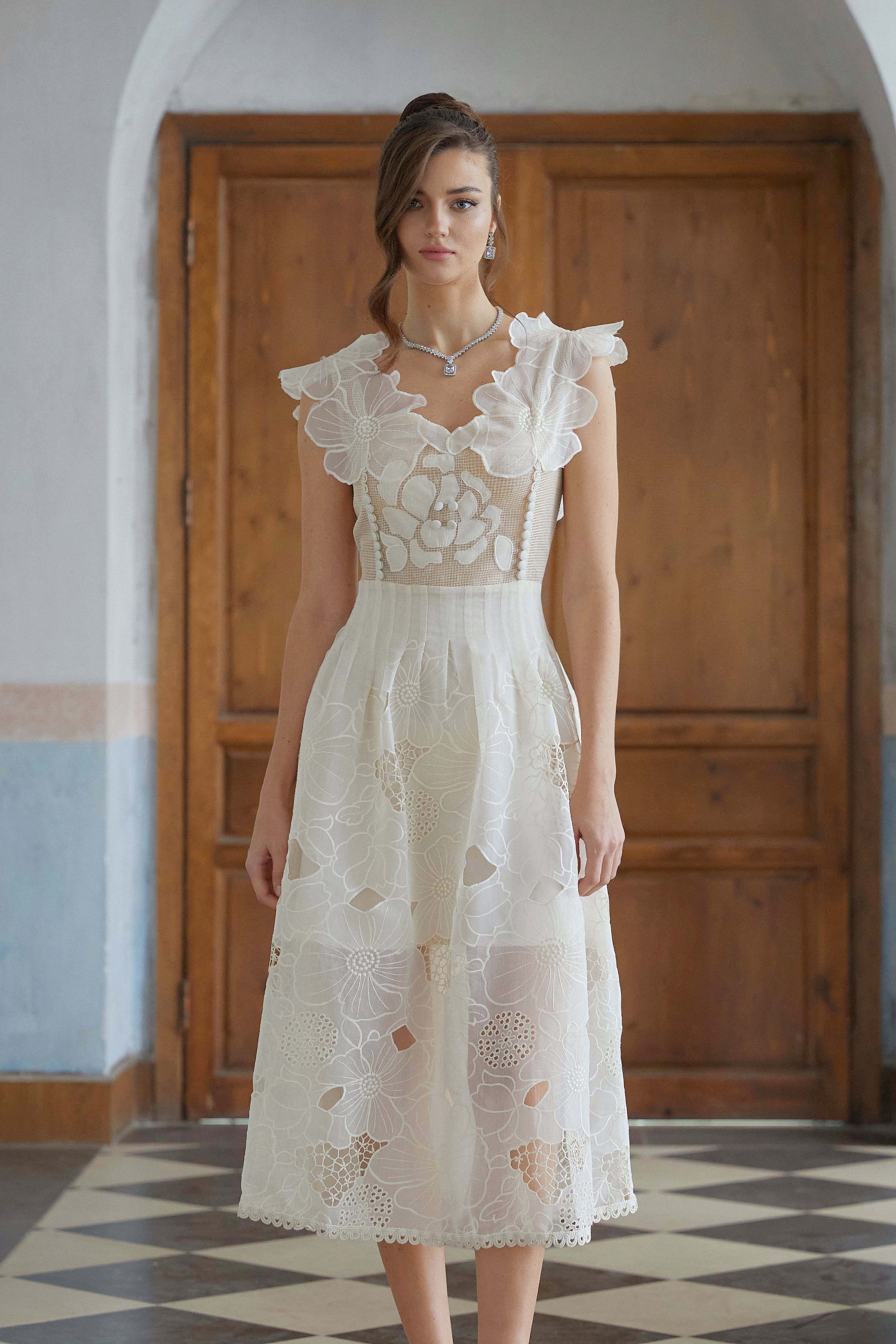Anaïs neutrals beaded floral-embroidered midi dress