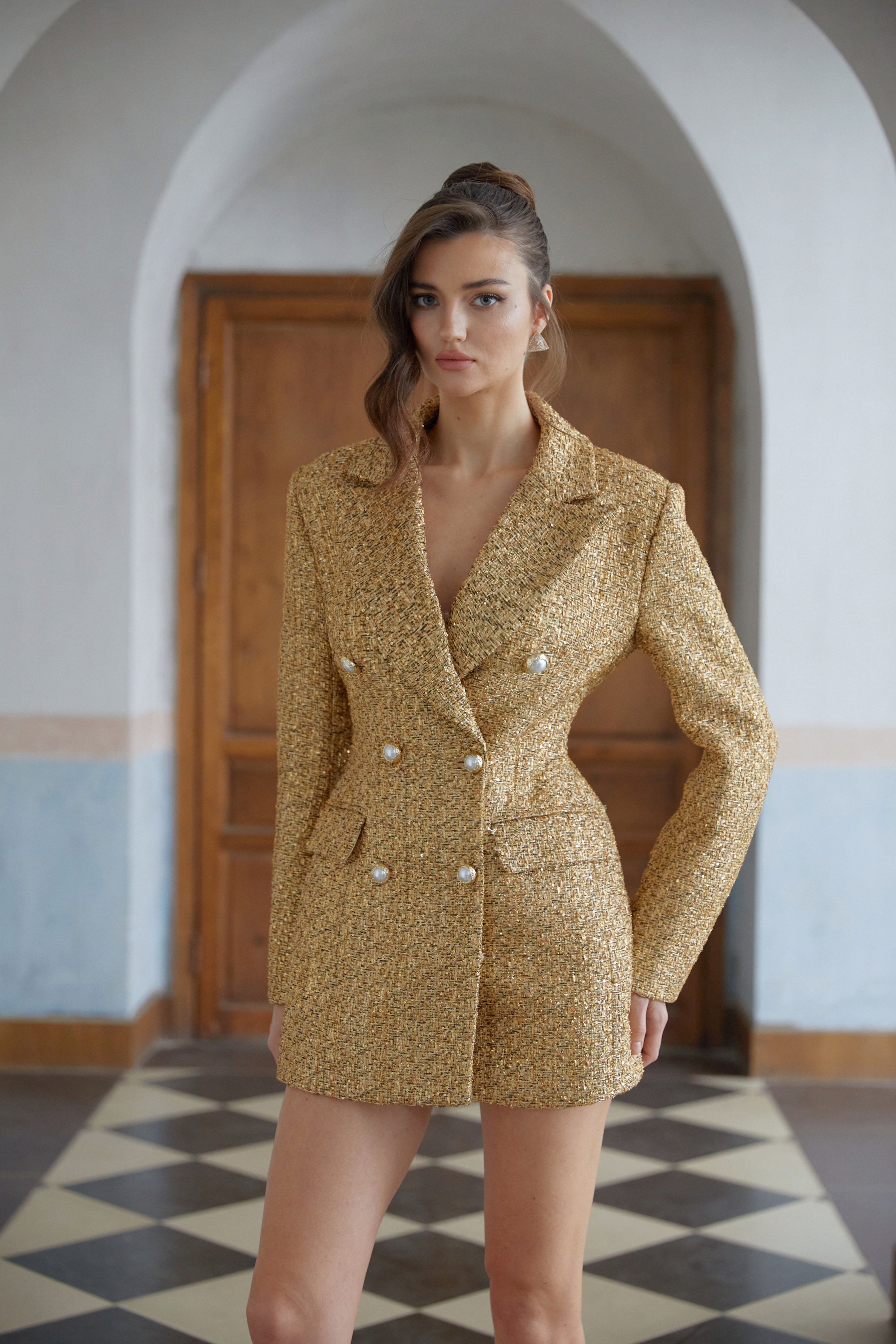 Ásdís Gold Tweed Mini Blazer Dress