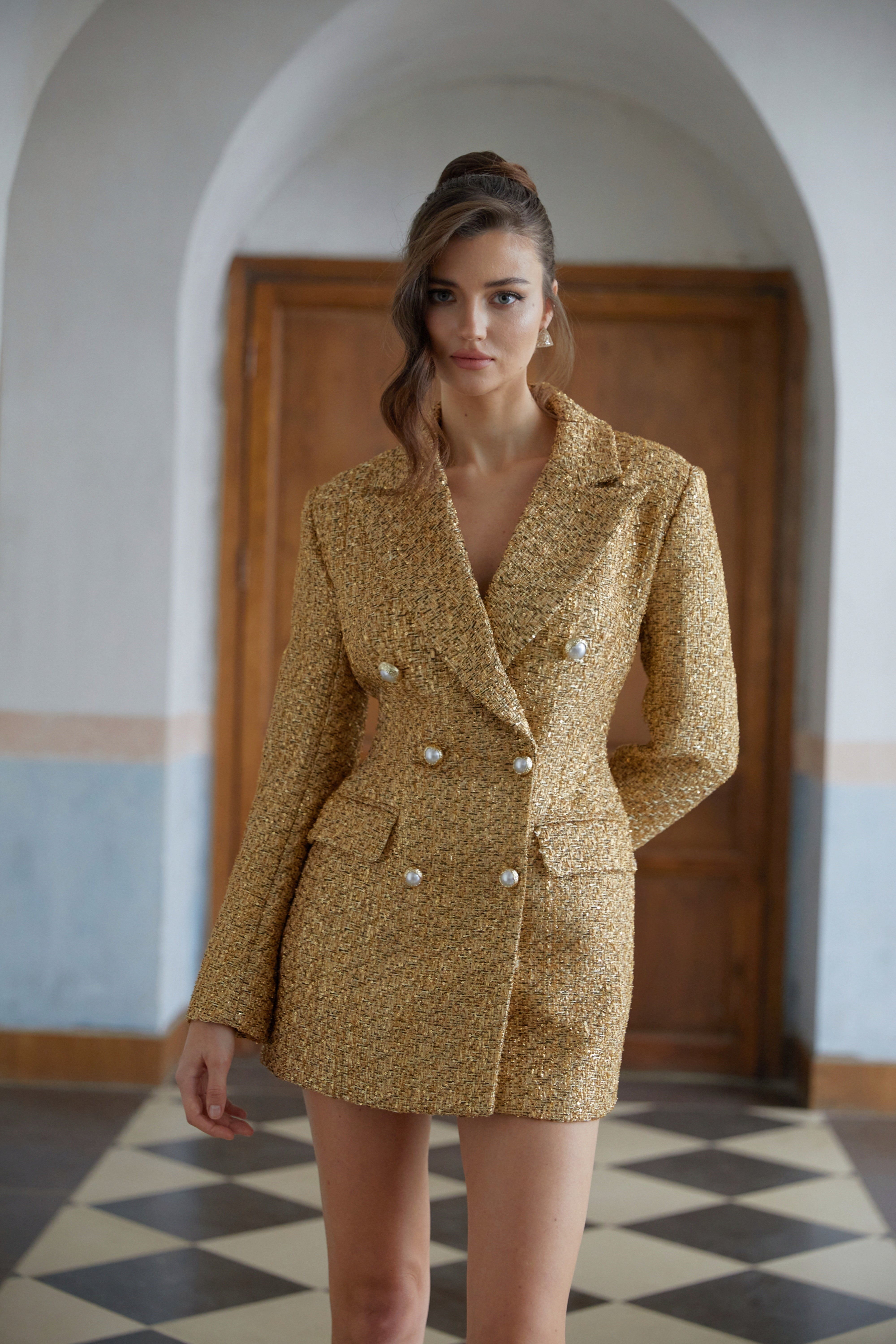 Ásdís Gold Tweed Mini Blazer Dress