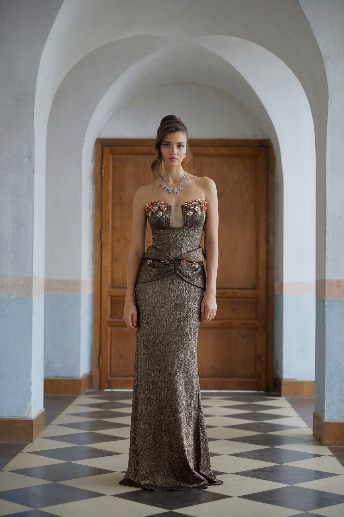 Laïs Brown Floral Ruched Textured Maxi Dress