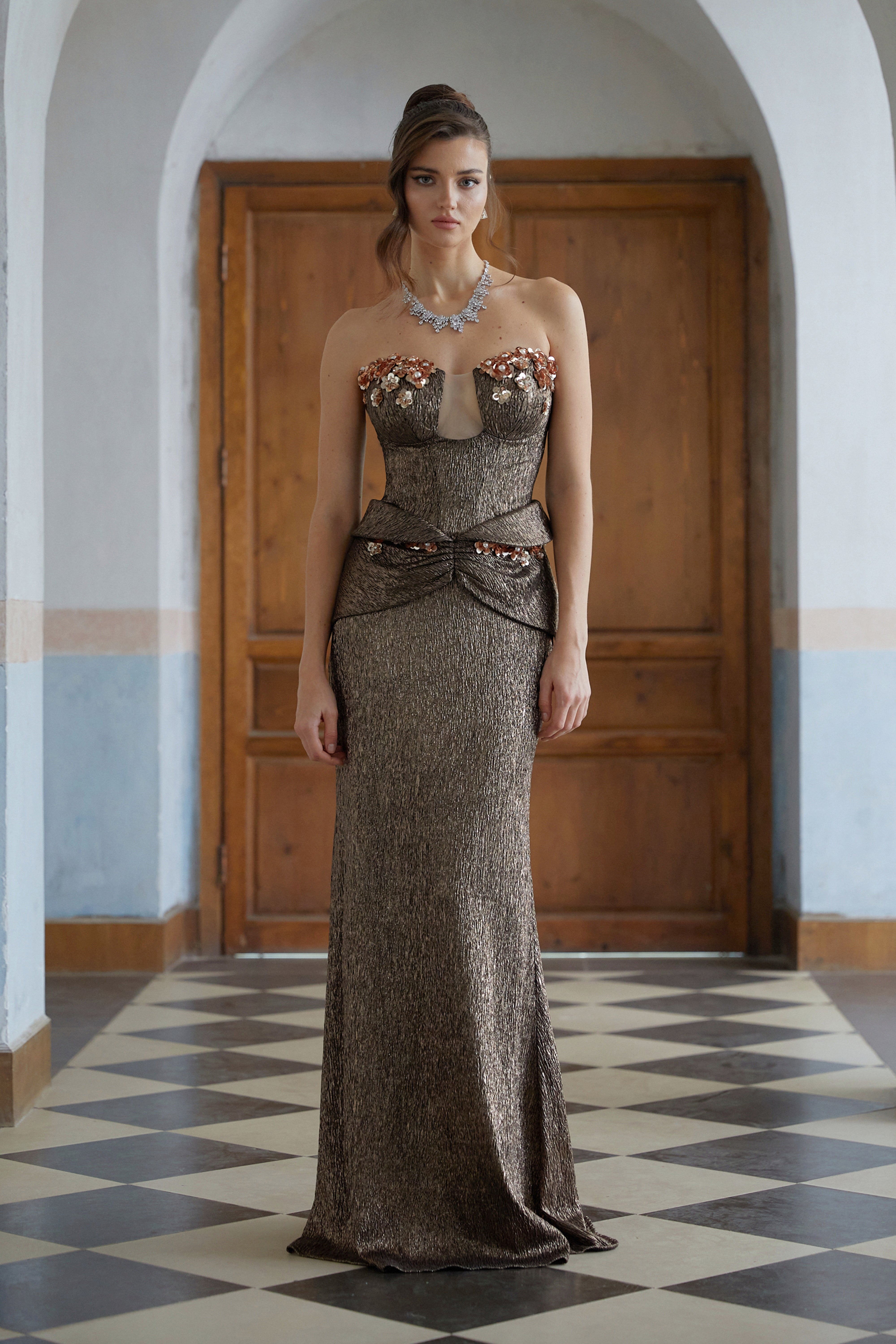 Laïs Brown Floral Ruched Textured Maxi Dress