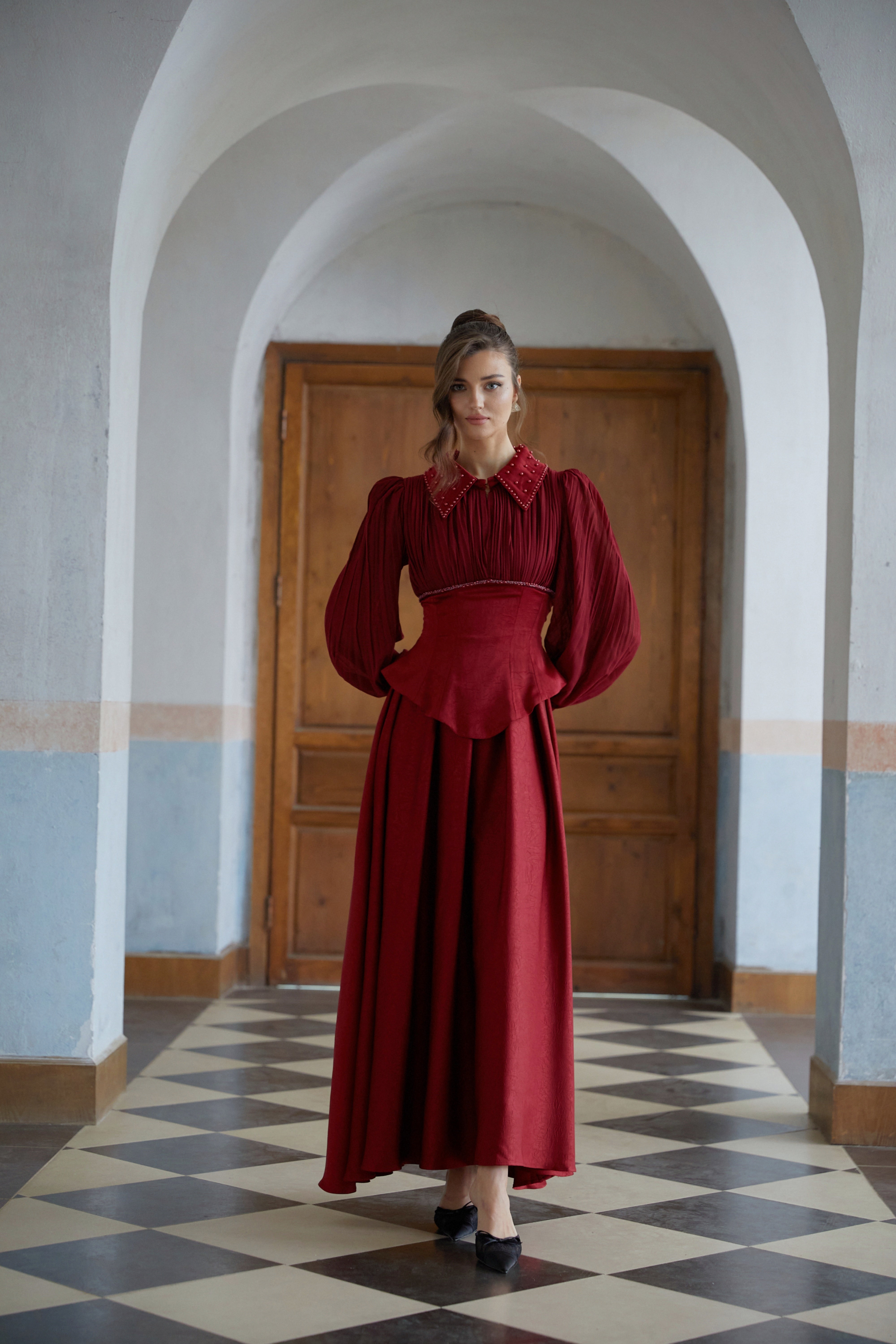 Katrín Red Beaded Pleated Textured Maxi Dress