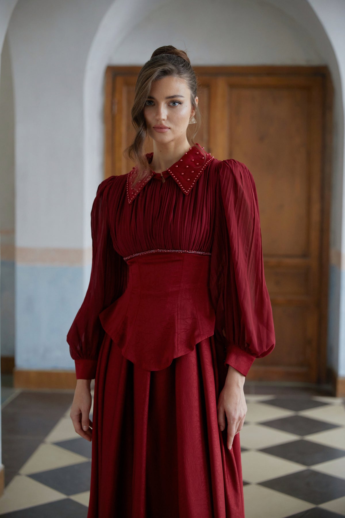 Katrín Red Beaded Pleated Textured Maxi Dress