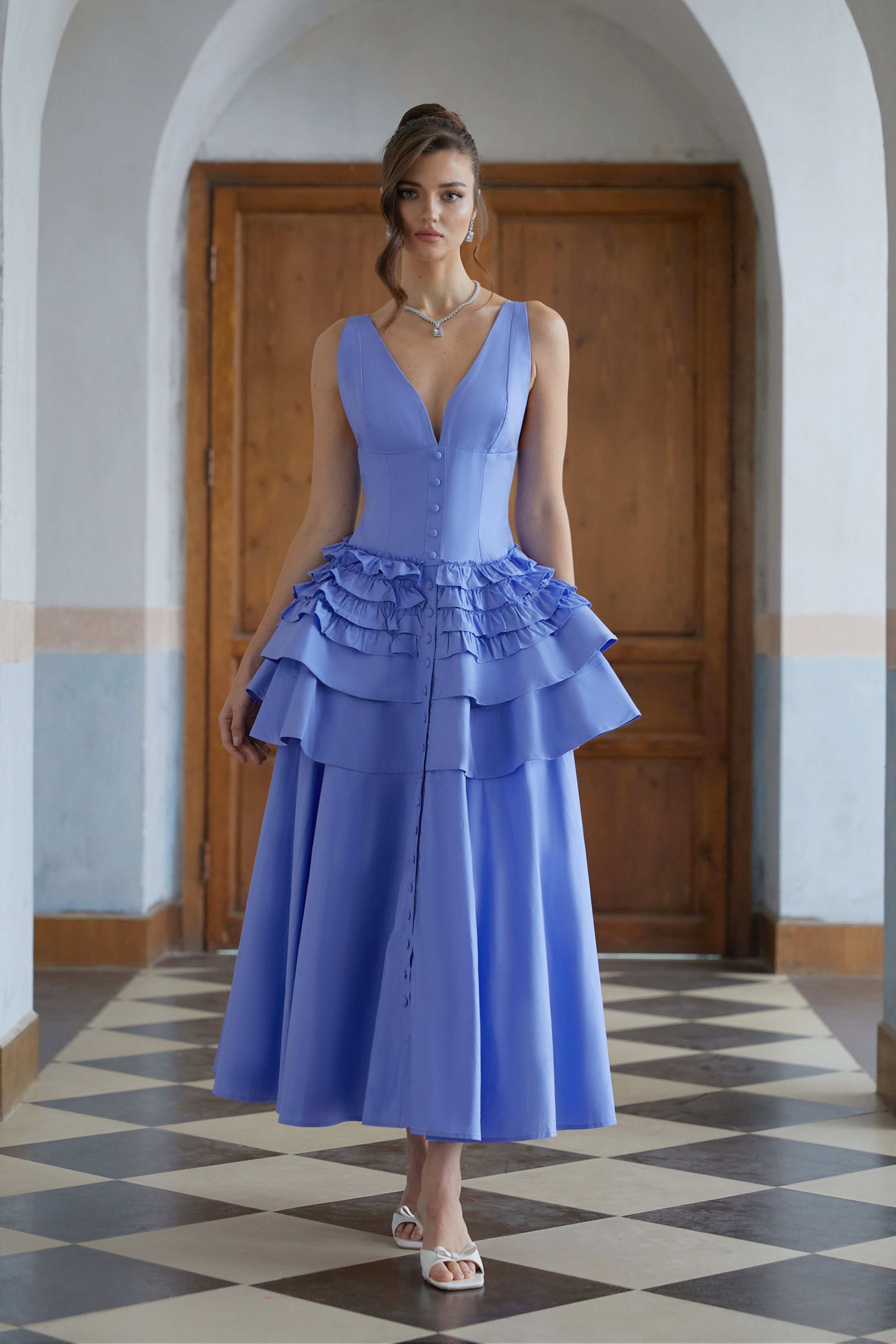 Embla Blue Ruffled Tiered Midi Dress
